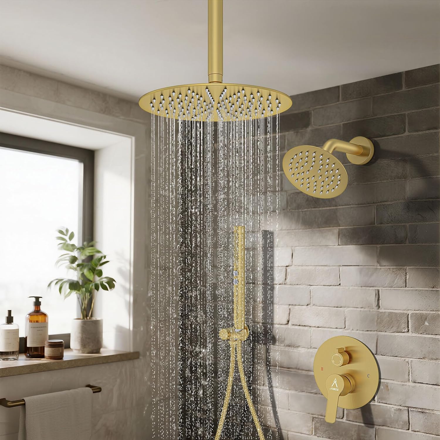 Shower System Shower Faucet Set Rainfall Shower Set with Valve 12+6' Dual Rain Shower Head with Handheld Ceiling Mount Wall Mount Shower Head Shower System, Brushed Gold