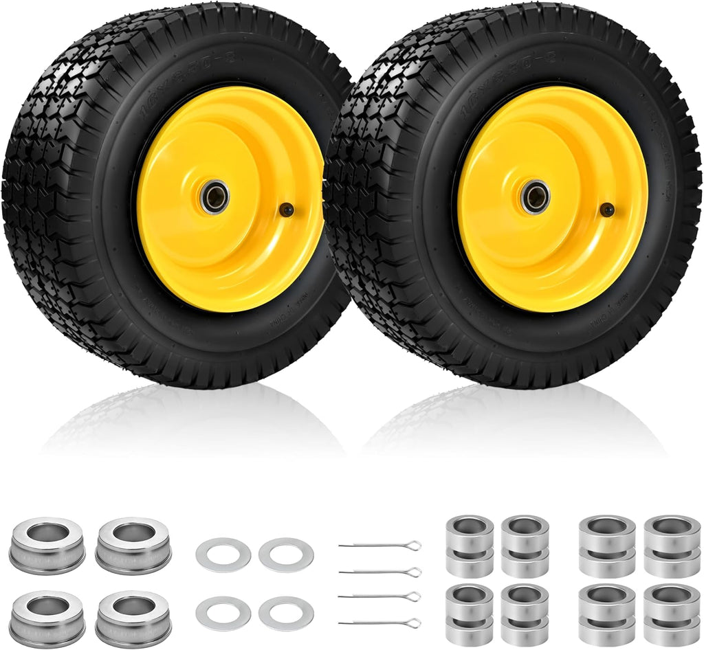 2 PCS 16x6.50-8 Tubeless Tire and Wheel, 3'-5'Offset Hub,with 3/4'Bearing 1'Bushing, Universal Fit Riding Lawn Mowers and Garden Tractor Front Wheel Assembly,4 Ply 16x6.5-8 Lawn Mower Tires,35 Psi