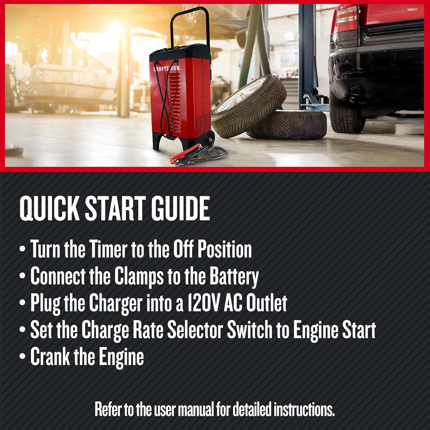 CRAFTSMAN Wheeled Manual 6A Car Battery Charger and 175A Engine Starter, 2-in-1 Solution, Timer-Controlled, 25A Boost, for 12V Power Sport, Automotive, and Marine Batteries, CMXCESM274