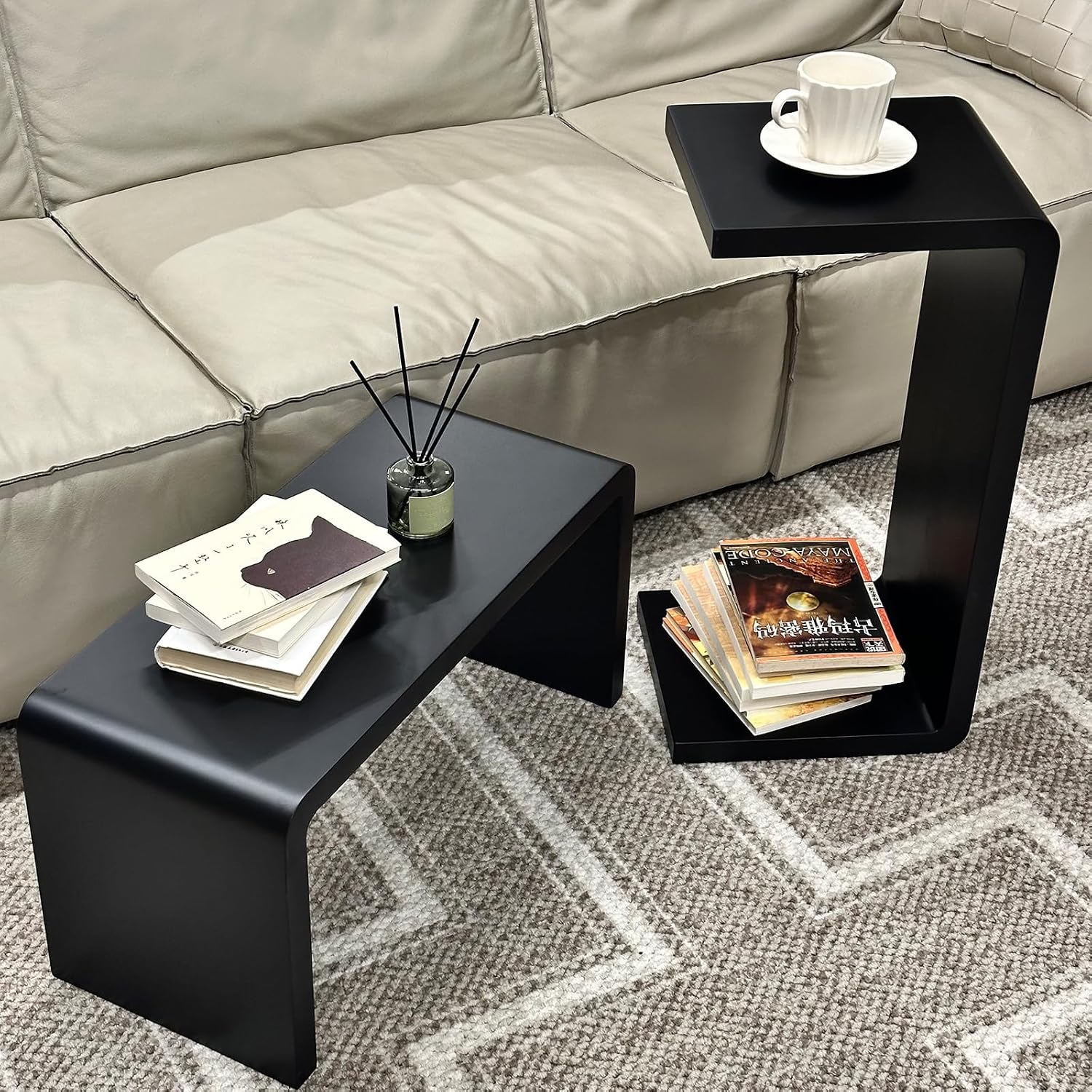 C Shaped End Table, Solid Wood Sofa Side Table for Couch, Bed, and Living Room, Space-Saving Small Snack Table for Bedroom, Office, or Balcony, Wooden Nightstand for Laptop and Narrow Spaces