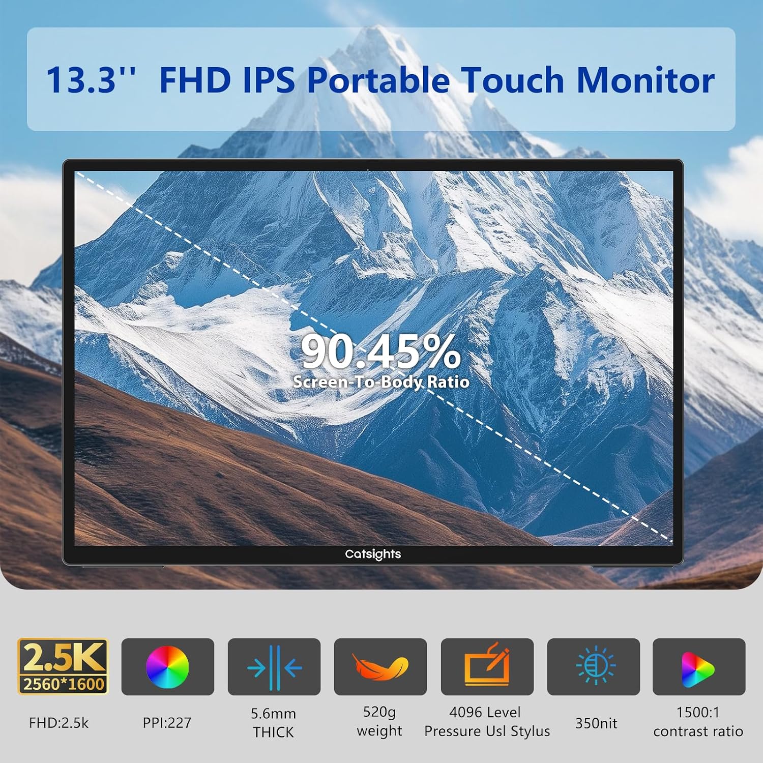 Portable Monitor Touchscreen for Mac 13.3' 2.5K Touch Screen Monitor with Protective Sleeve, USB-C Plug & Play 1500:1 0.22' Laptop Screen Extender for Mac Laptop PC Without Stand and Stylus