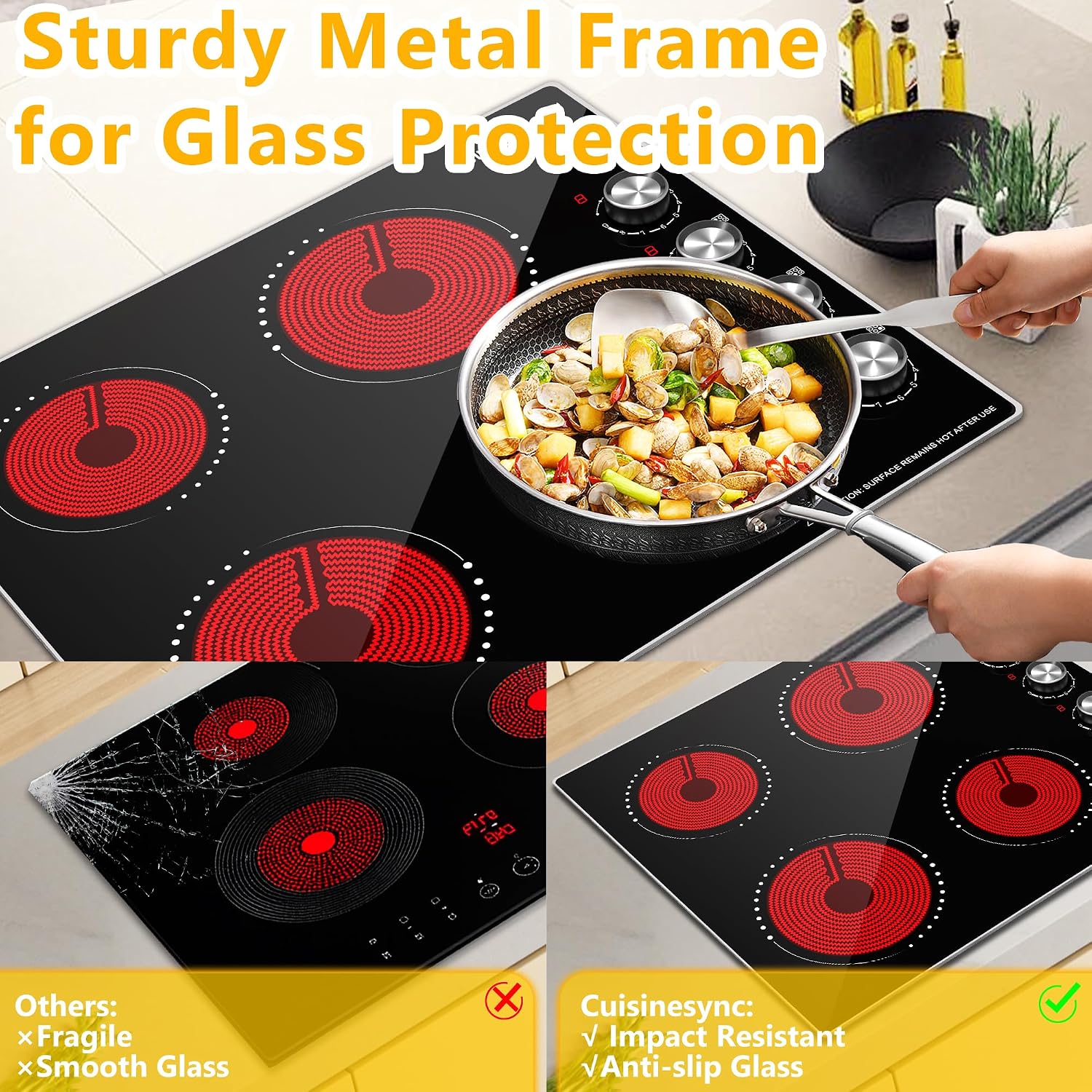 24 Inch Electric Cooktop, 4 Burner Ceramic Stove with 9 Power Levels, Knob Control, Auto shutdown and Residual Heat Warning, 6000W, 220-240V for Hard Wire