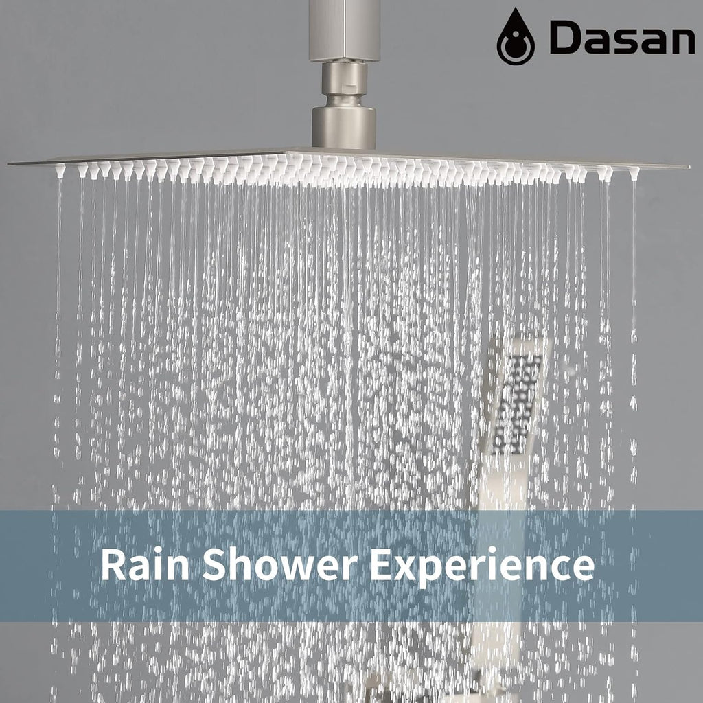 Brushed Nickel Shower System with 4 PCS Shower Body Spray Jets & 12'' Ceiling Shower Head & Handheld Spray, DASAN Full Body Shower Faucet System with Jets Rainfall Shower Combo Set, SA-SS03BBN-S12C