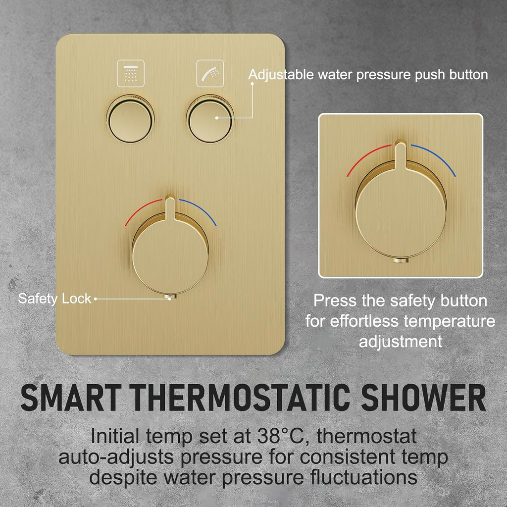 Thermostatic Shower System 13-Inch Rainfall Shower Head - 3 Setting Handheld Sprayer, Complete Bathroom Set with Faucet Mixer Trim Kit & Valve Brushed Gold