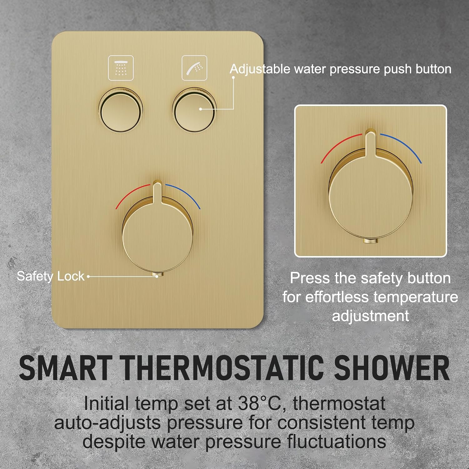 Thermostatic Shower System 13-Inch Rainfall Shower Head - 3 Setting Handheld Sprayer, Complete Bathroom Set with Faucet Mixer Trim Kit & Valve Brushed Gold