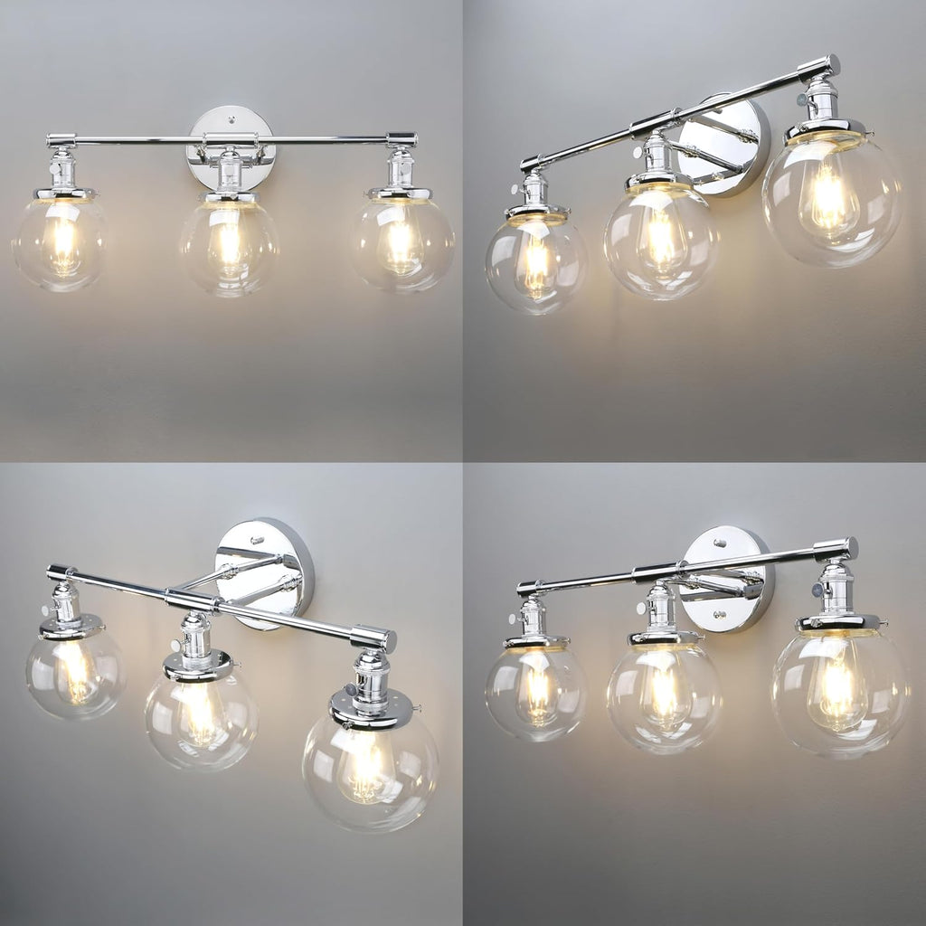Phansthy 3-Light Wall Sconces Antique Brass Vanity Light, Industrial Wall Lamps with On Off Switch and Clear Glass Lampshade, Vintage Wall Lighting for Bathroom Living Room (Chrome, Globe Shade)