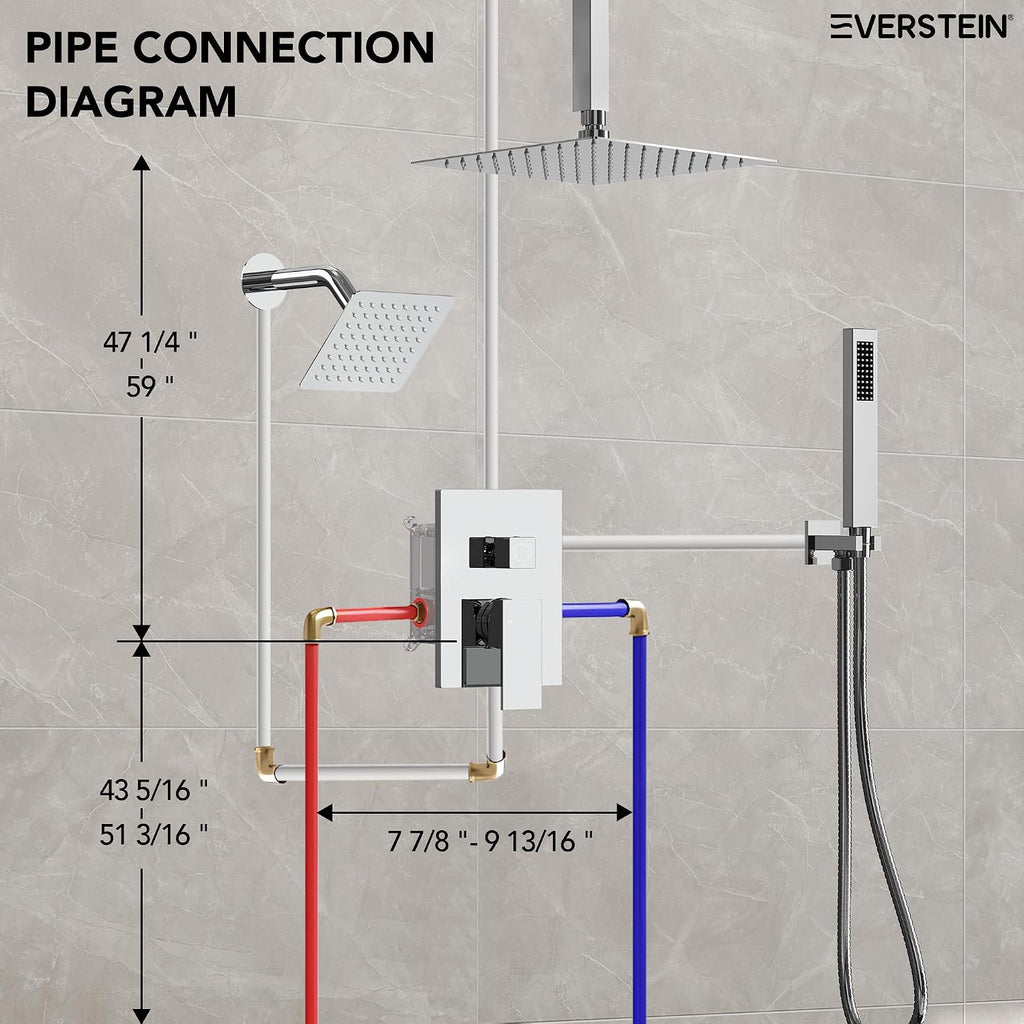10' High-Pressure Rainfall Shower Faucet, Celling Mount Dual Shower Head System, Polished Chrome