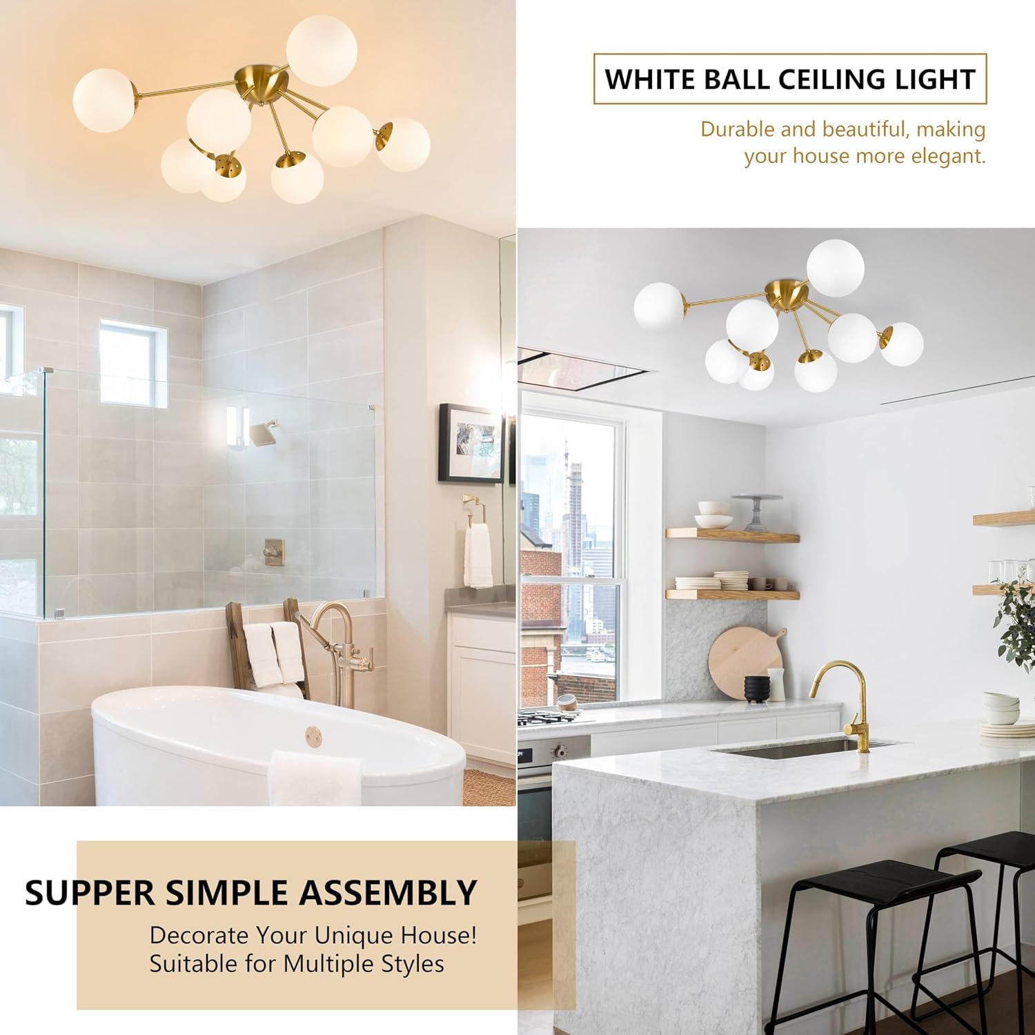 Bagood 8 Light Mid Century Modern Ceiling Light Semi Flush Mount Ceiling Light Fixture Globe Lights Sputnik Chandelier with Milk Glass Shade Brushed Brass Finish for Bedroom Hallway Living Room