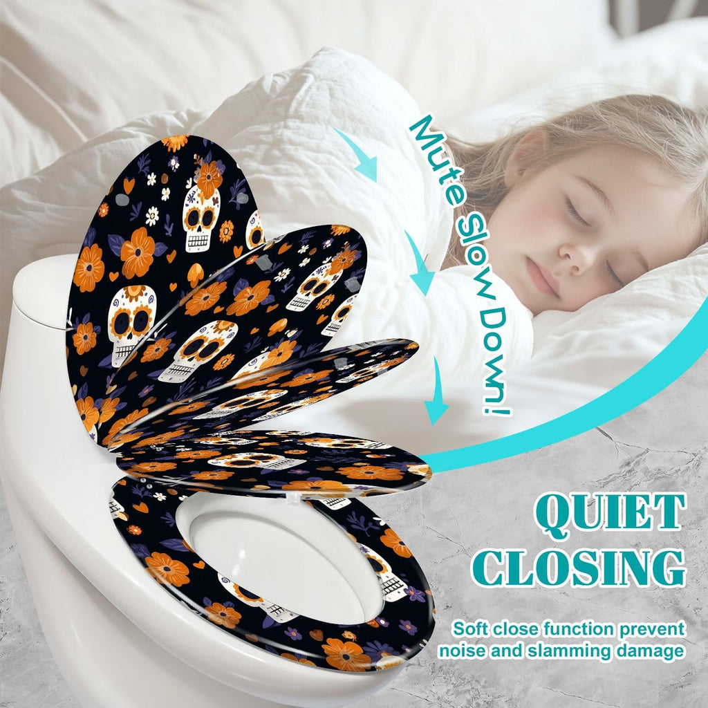 Elongated Toilet Seat Hand drawn seamless cute sugar skulls flowers for fabric Resin Toilet Seat Slow Quiet Close Lid with Quick-Release Hinges Cover Bumpers Easy to Clean Install
