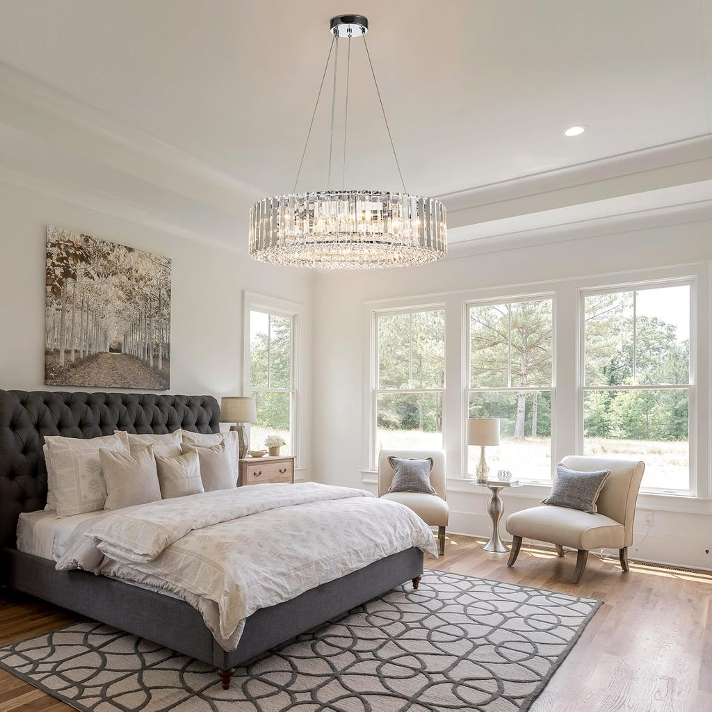 Lingkai Modern Round Crystal Chandelier, 19.7 in 6-Light Luxury Crystal Pendant Light Fixture E12 Bulb Semi Flush Ceiling 60W Adujustable Hanging Core Light Chrome