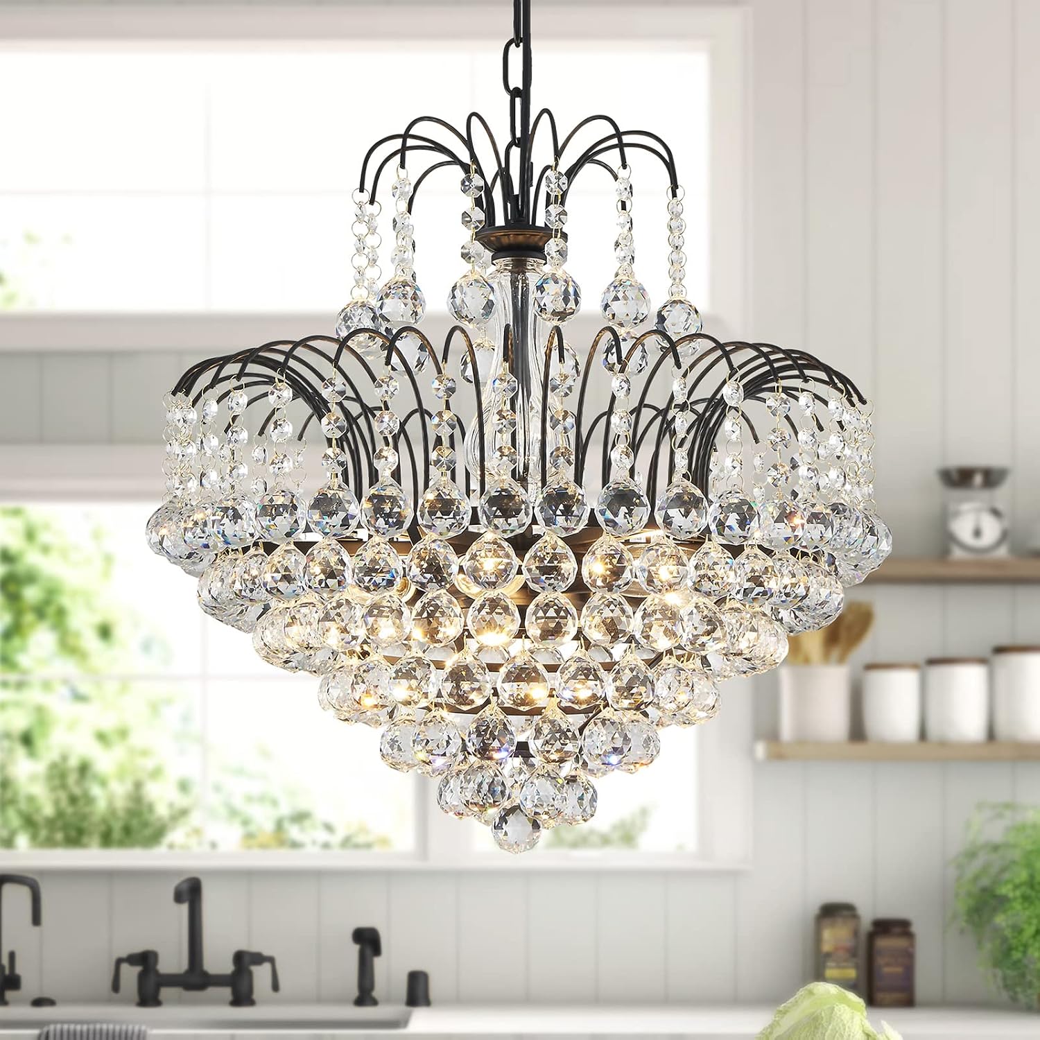 WUZUPS Crystal Chandelier Pendant Flushmount Ceiling Light Modern Lighting Fixture for Bedroom Hallway Bar Kitchen Bathroom, H 17.3' x W 18.9', Black, E12 Base