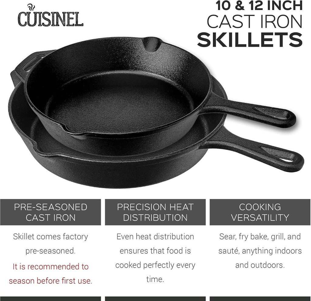 Cuisinel Pre-Seasoned Cast Iron Skillet 2-Piece Set (10-Inch and 12-Inch) Oven Safe Cookware- 2 Heat Resistant Holders