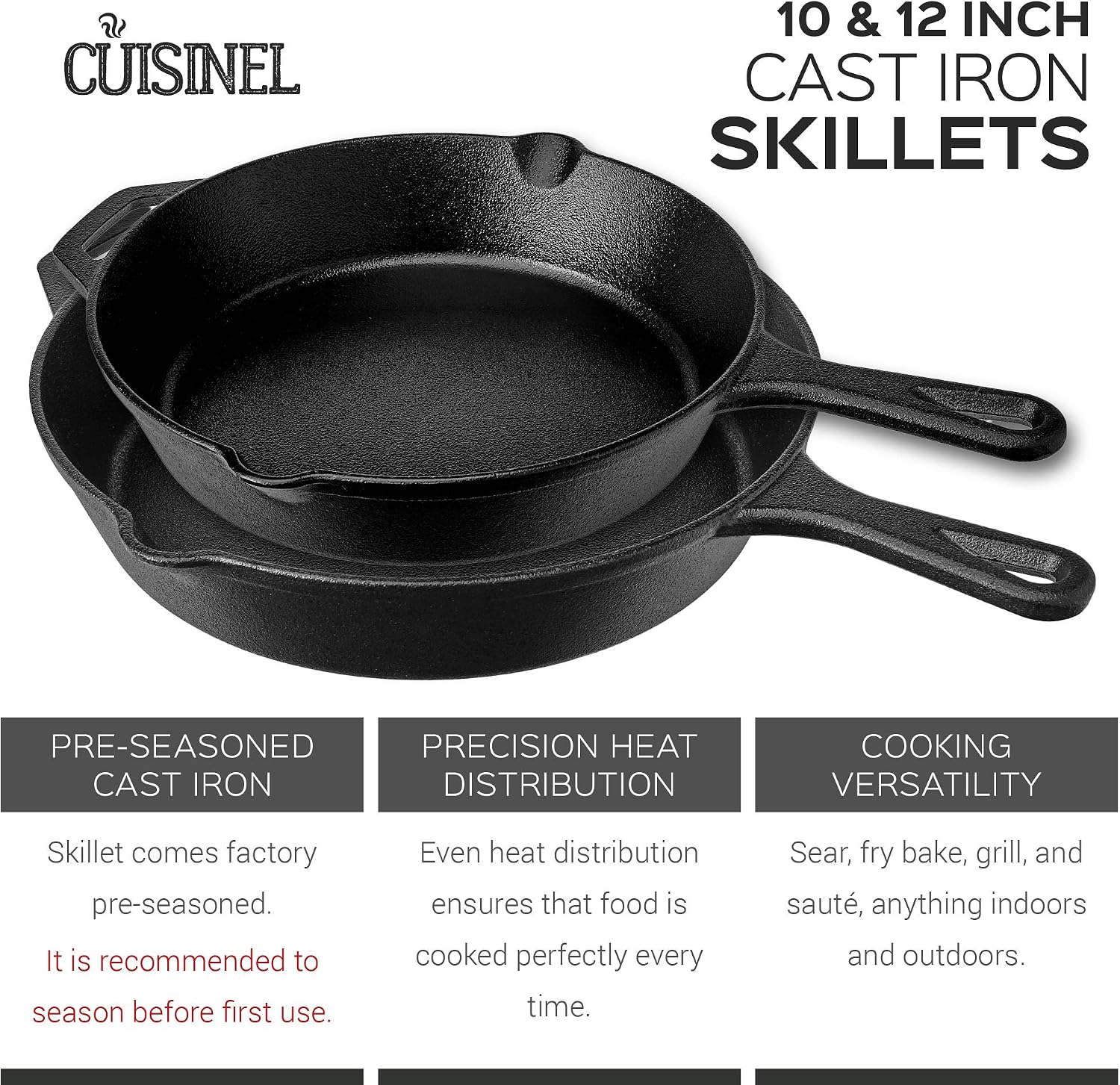 Cuisinel Pre-Seasoned Cast Iron Skillet 2-Piece Set (10-Inch and 12-Inch) Oven Safe Cookware- 2 Heat Resistant Holders