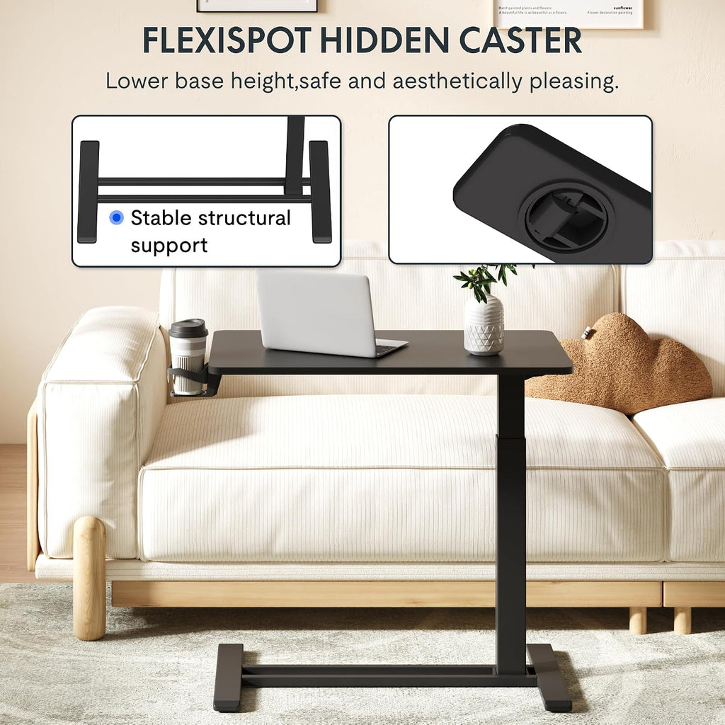 FLEXISPOT H7 Adjustable Overbed Bedside Table with Wheels Pneumatic Mobile Standing Desk Laptop Desk Rolling Computer Cart Movable Overbed Table Hospital Home Use(31.5' W x 17.7' D, Black Large)