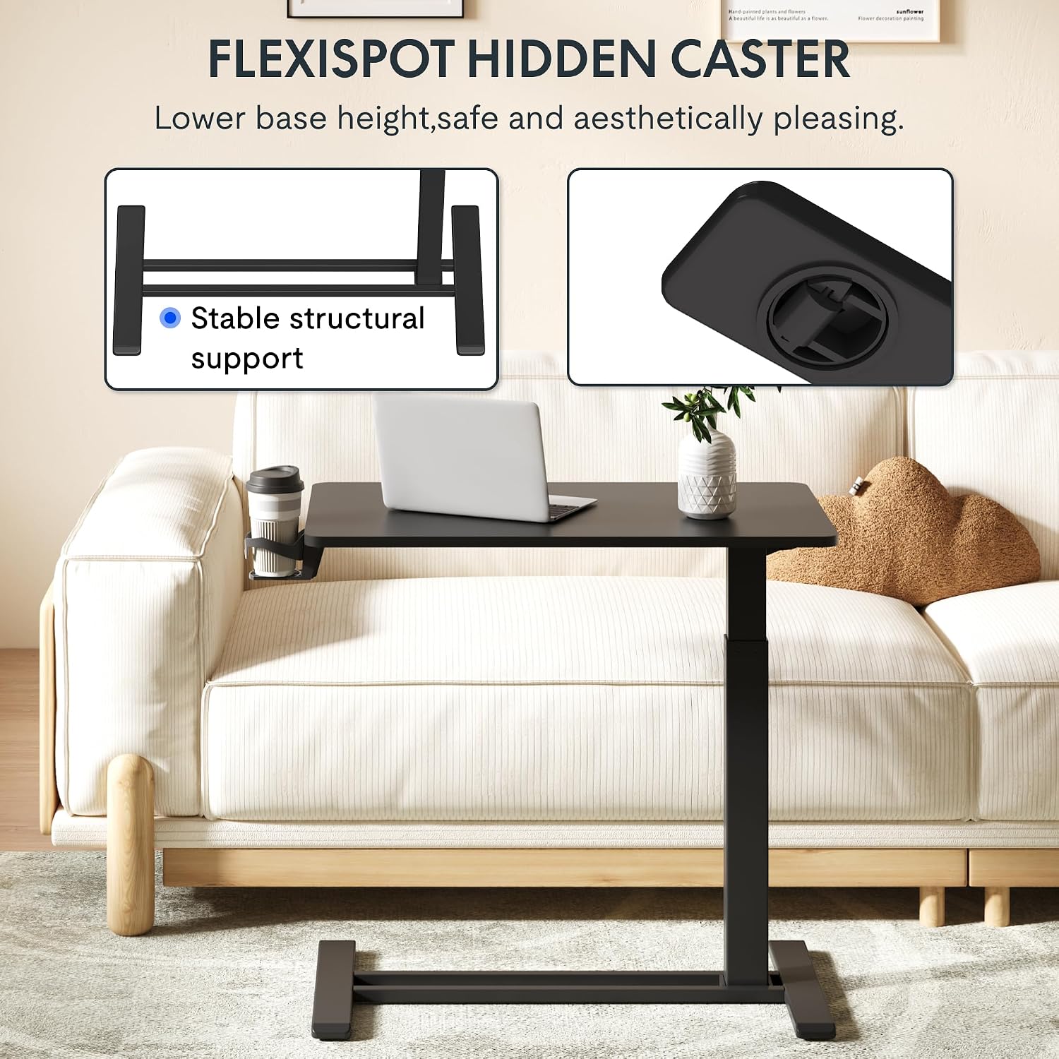 FLEXISPOT H7 Adjustable Overbed Bedside Table with Wheels Pneumatic Mobile Standing Desk Laptop Desk Rolling Computer Cart Movable Overbed Table Hospital Home Use(31.5' W x 17.7' D, Black Large)