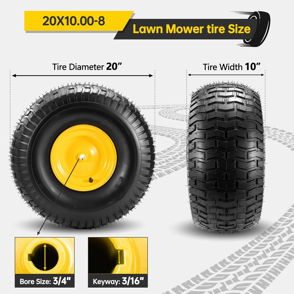 2PCs 20x10.00-8 Tubeless Lawn Mower Tire and Wheel, Replacement for John Deere Rear 20x10-8nhs Riding Lawn Mower, Gaeden Tractor, 3/4' Borehole 3/16' keyway, 3.5 Offset Hub, 4 Ply, 1190 Lbs Capacity