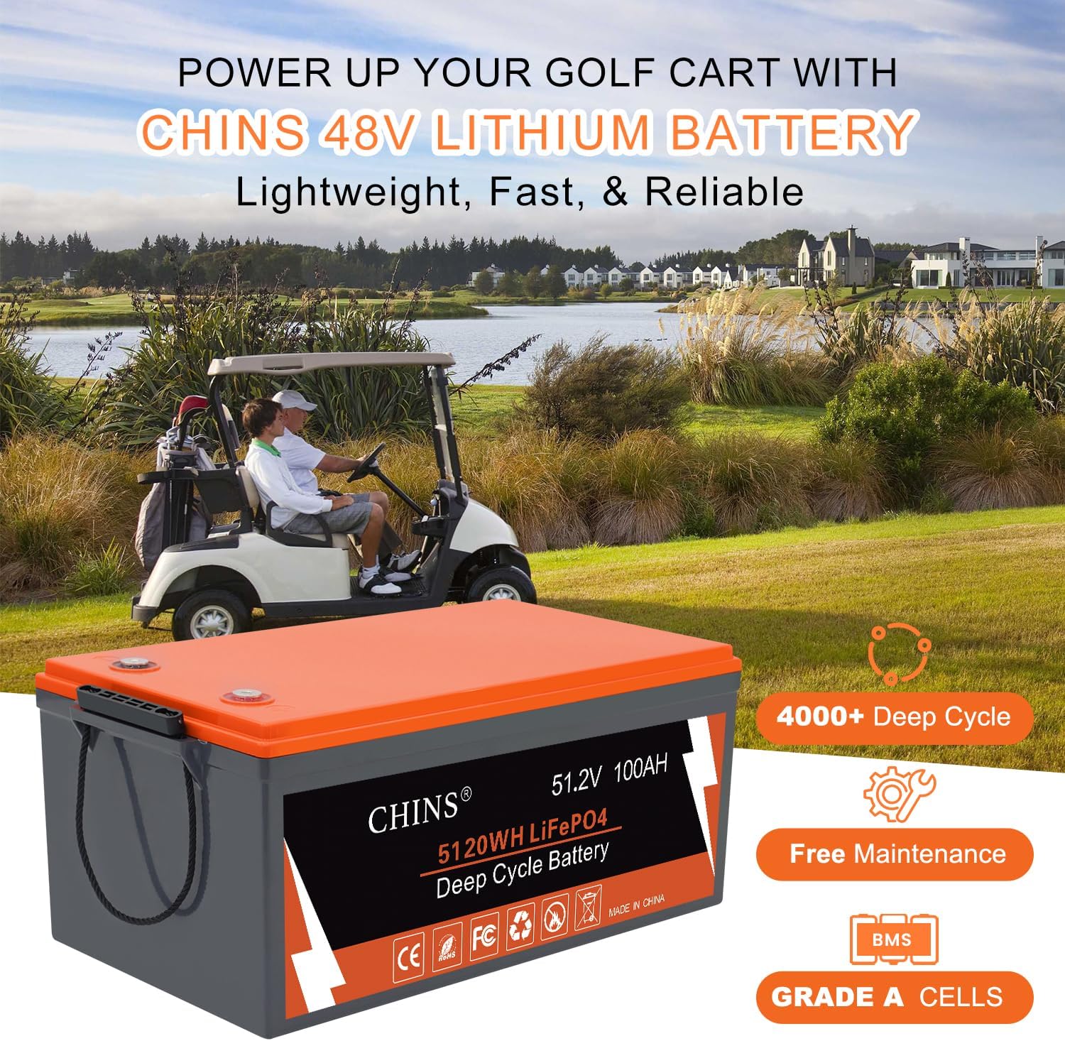CHINS 48 Volt 100AH Lithium Battery for Golf Cart with 48V 18A Charger, Monitor, Built-in Bluetooth 200A BMS, 48V Golf Cart Battery with 10.24kW Output