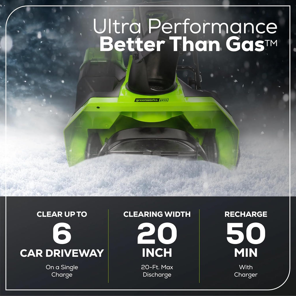 Greenworks 60V 20' Brushless Cordless Snow Blower (Single-Stage), 5.0 Ah Battery and Charger Included