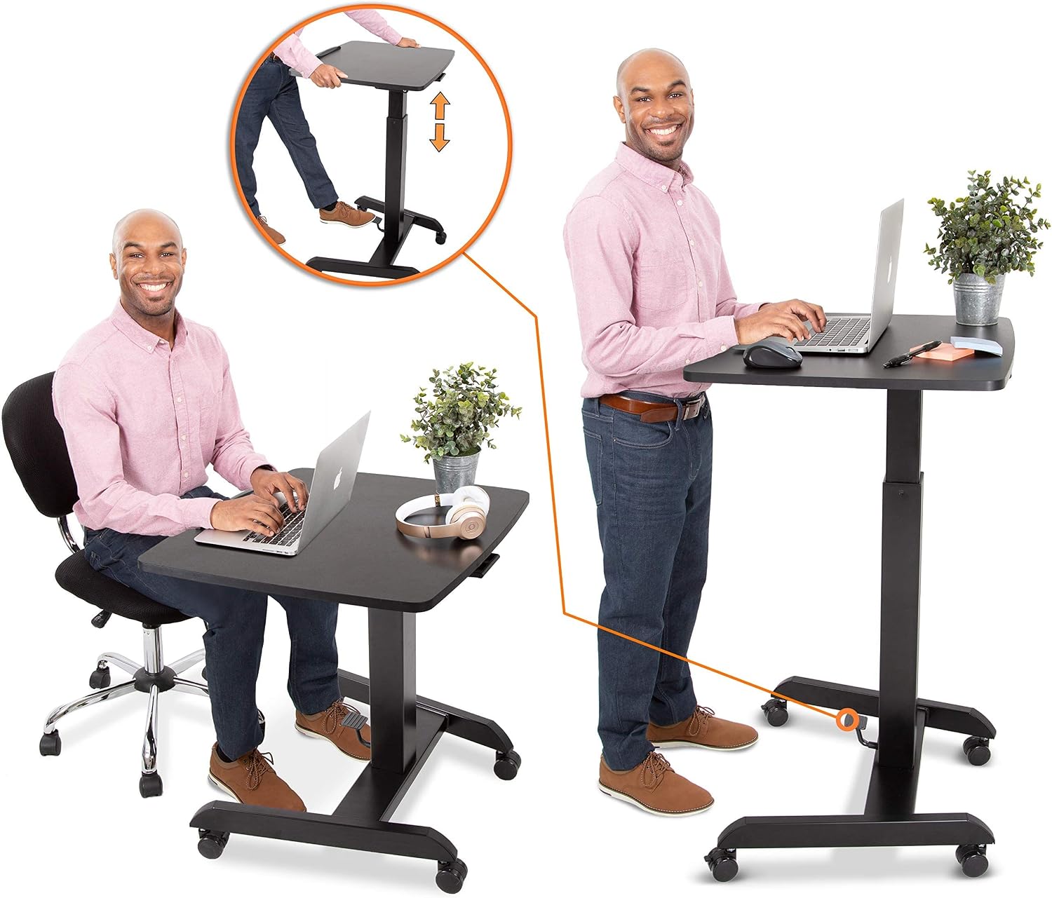 Stand Steady Multifunctional Mobile Podium Desk | Portable Sit to Stand Lectern with Pneumatic Height Adjustment & Tilting Desktop | Rolling Laptop Stand | Mobile Desk for School, Home, Office (Black)