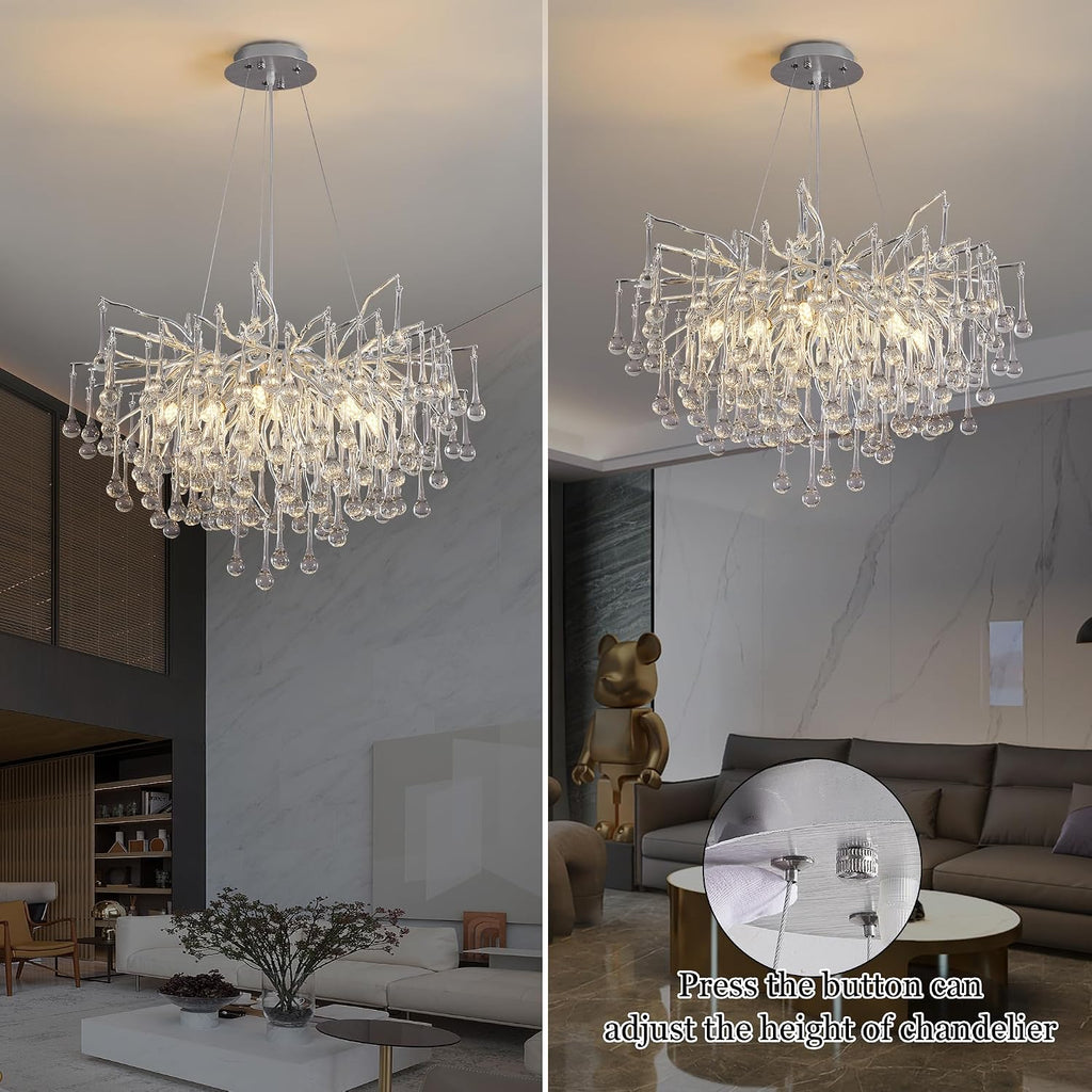 Modern Crystal Raindrop Chandelier, Silver Round Art Deco Tree Branch Lighting Fixture for Dining Room Living Room Foyer 13 Lights D31.5''