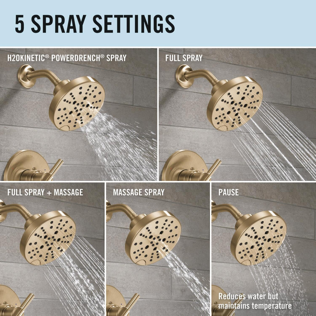 Delta Faucet Nicoli 14 Series Single-Handle Shower Faucet Trim Kit with 5-Spray H2Okinetic Shower Head and Widespread Bathroom Faucet in Champagne Bronze (Shower Valve Included)