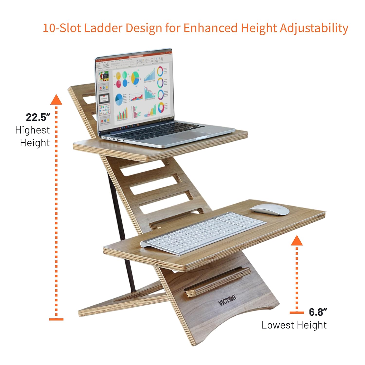 Victor DC175A High Rise Collection Acacia Wood Adjustable Laptop Stand, Dual Trays, 10 Levels, Fast Assembly, Perfect for Dorms/Bedrooms/Home Offices