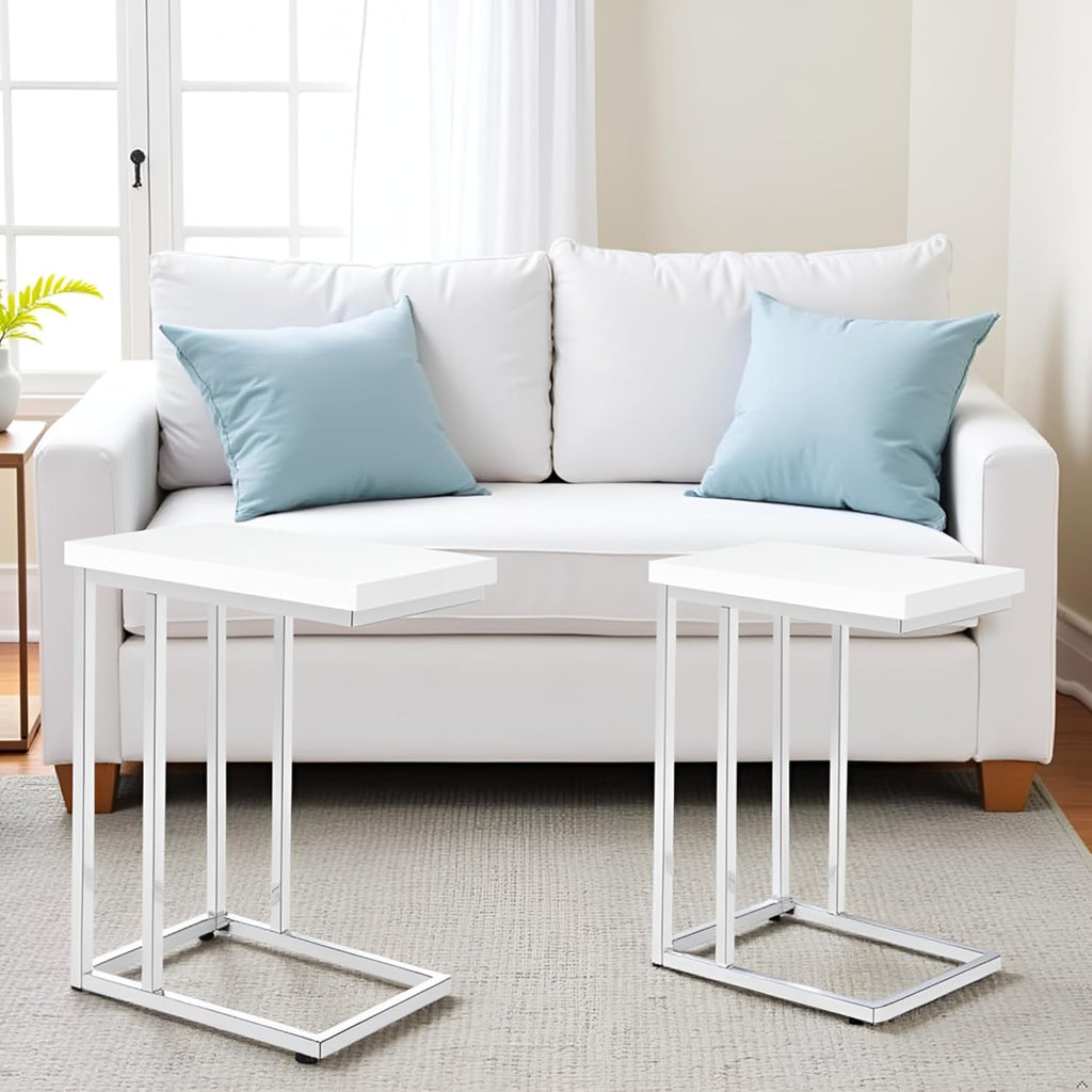 Lavish Home C-Shaped Side Tables Set of 2 – Modern Sofa End Tables or Bedside Nightstands – Space-Saving Laptop Tray Tables for Small Spaces (White)