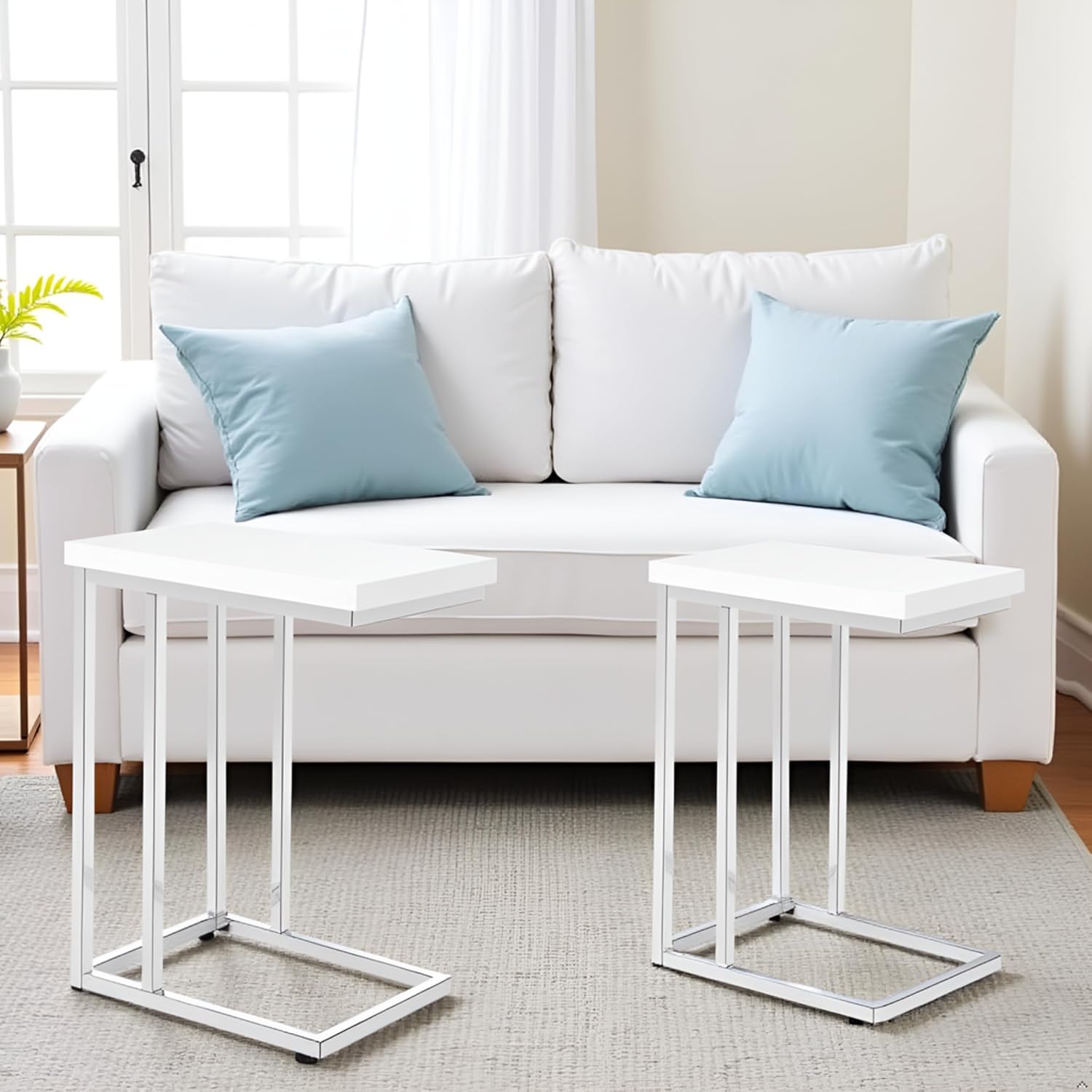 Lavish Home C-Shaped Side Tables Set of 2 – Modern Sofa End Tables or Bedside Nightstands – Space-Saving Laptop Tray Tables for Small Spaces (White)
