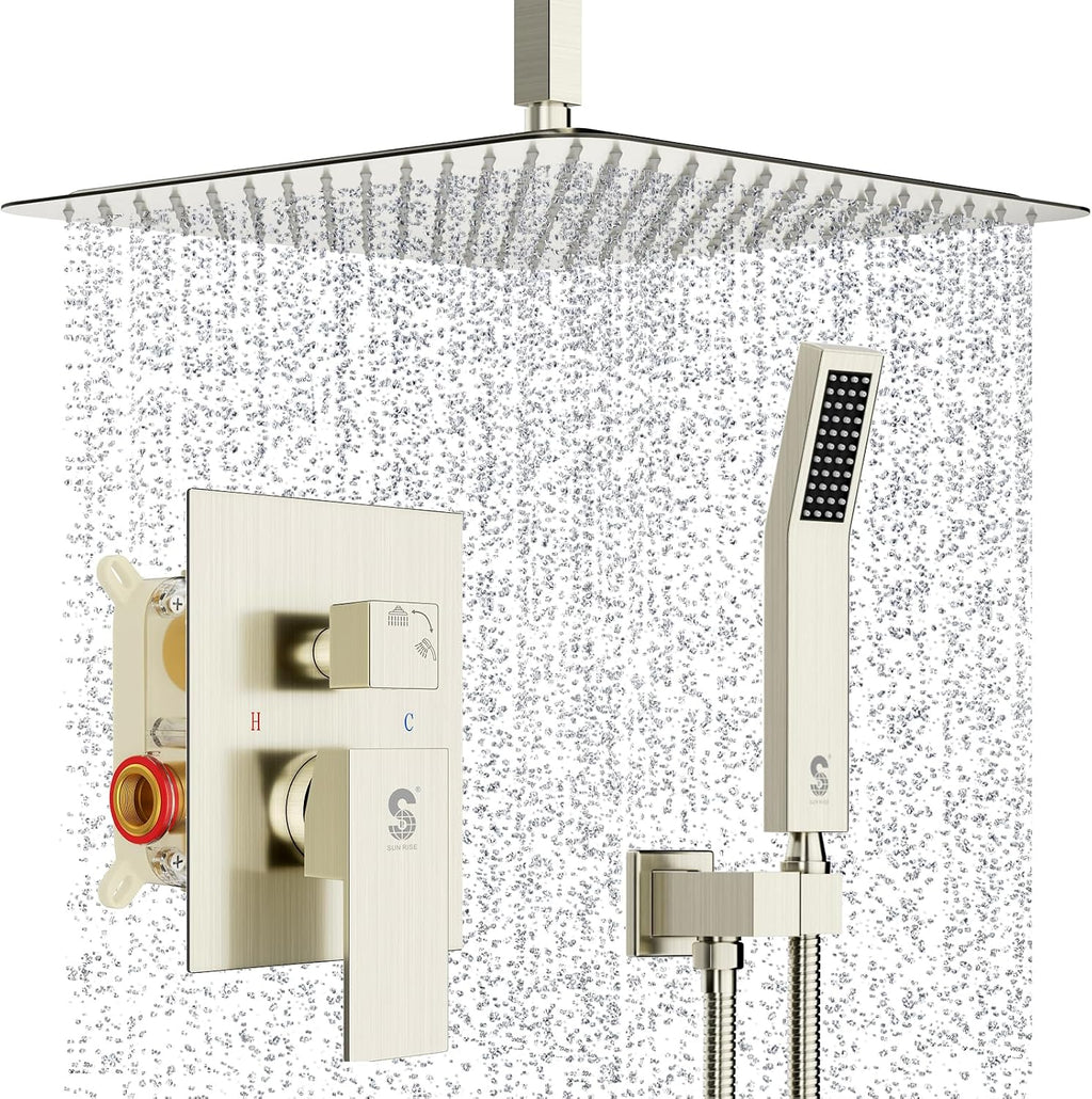 SR SUN RISE 16 Inches Brushed Nickel Shower System Bathroom Luxury Rain Mixer Shower Combo Set Ceiling Mounted Rainfall Shower Head Faucet (Contain Shower Faucet Rough-In Valve Body and Trim)