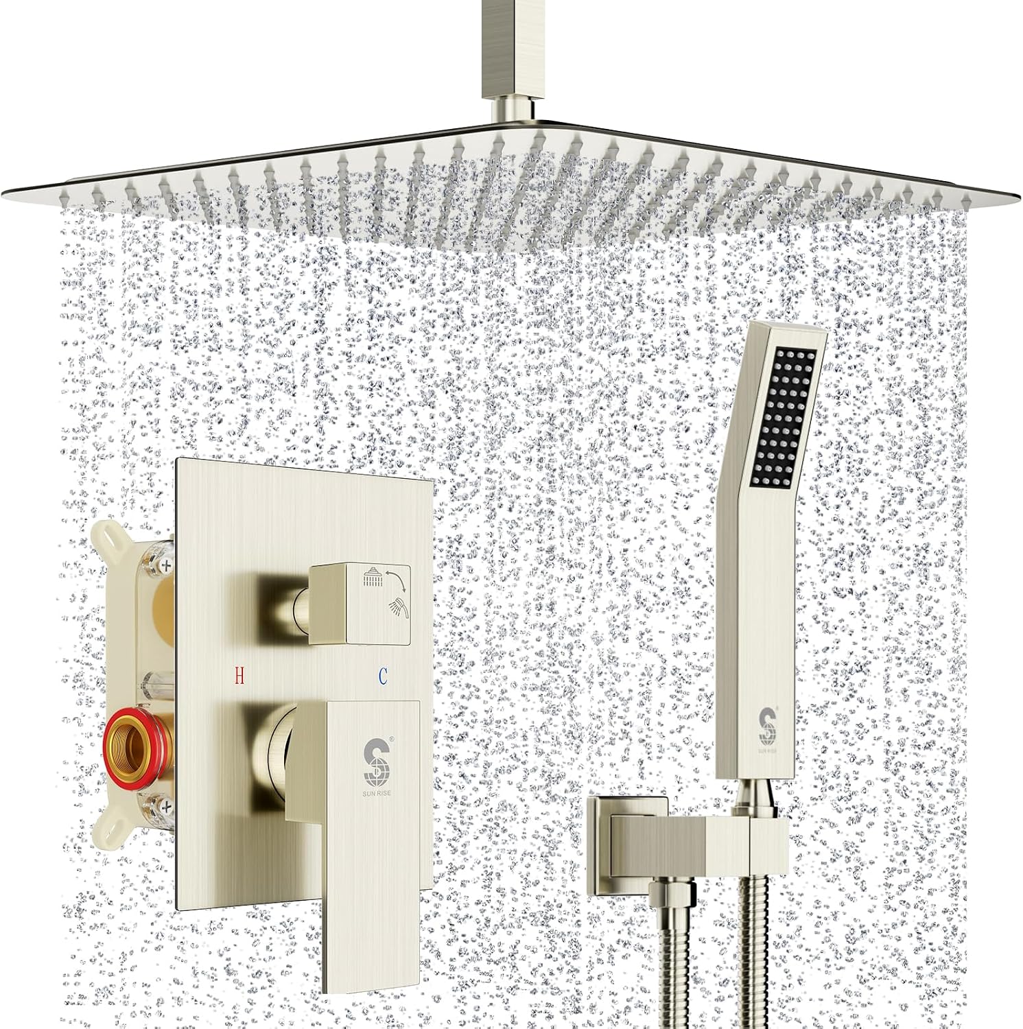 SR SUN RISE 16 Inches Brushed Nickel Shower System Bathroom Luxury Rain Mixer Shower Combo Set Ceiling Mounted Rainfall Shower Head Faucet (Contain Shower Faucet Rough-In Valve Body and Trim)