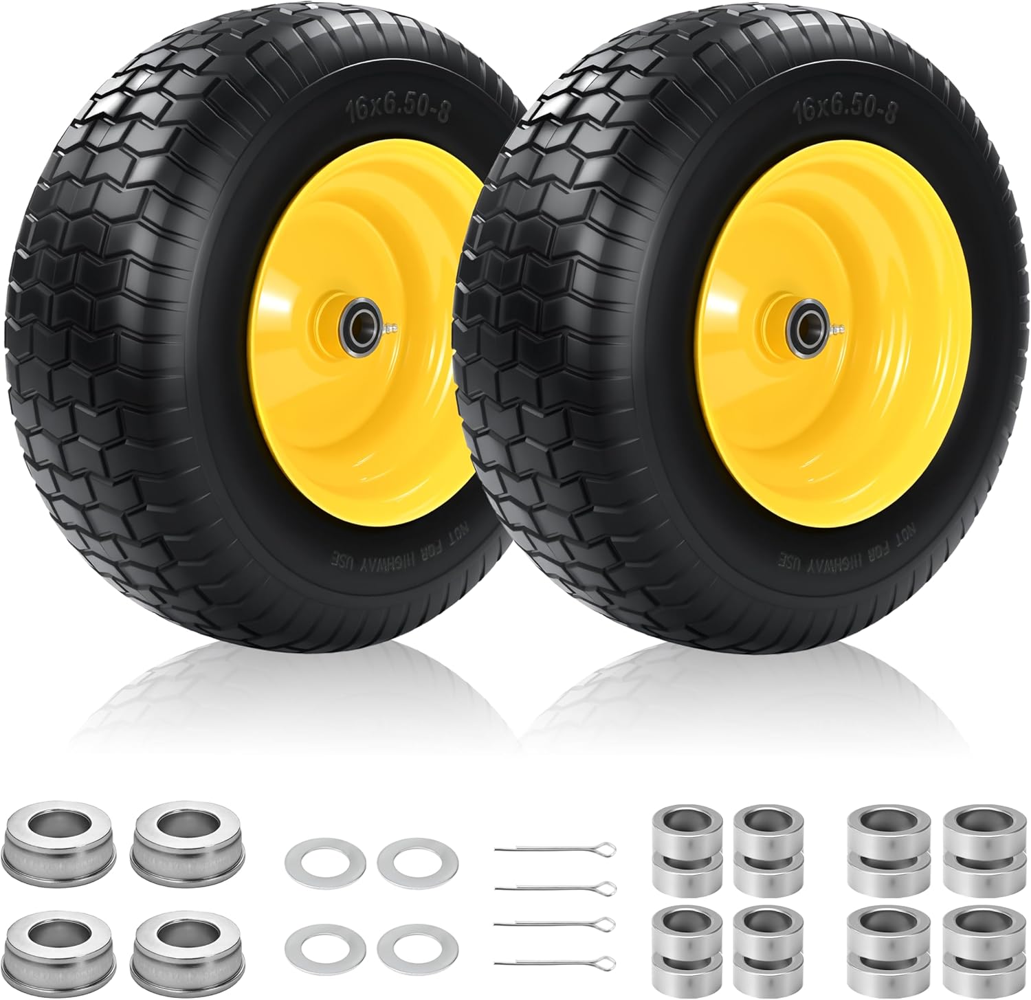 2 PCS 16x6.50-8 Flat Free Riding Lawn Mower Tire and Wheel with 1' Bushing, 3/4'Bearing，3-5'Offset Hub, Relacement 16x6.5-8 Solid Turf Tire with Rim for Lawn Mowers and Garden Tractor Front Assembly