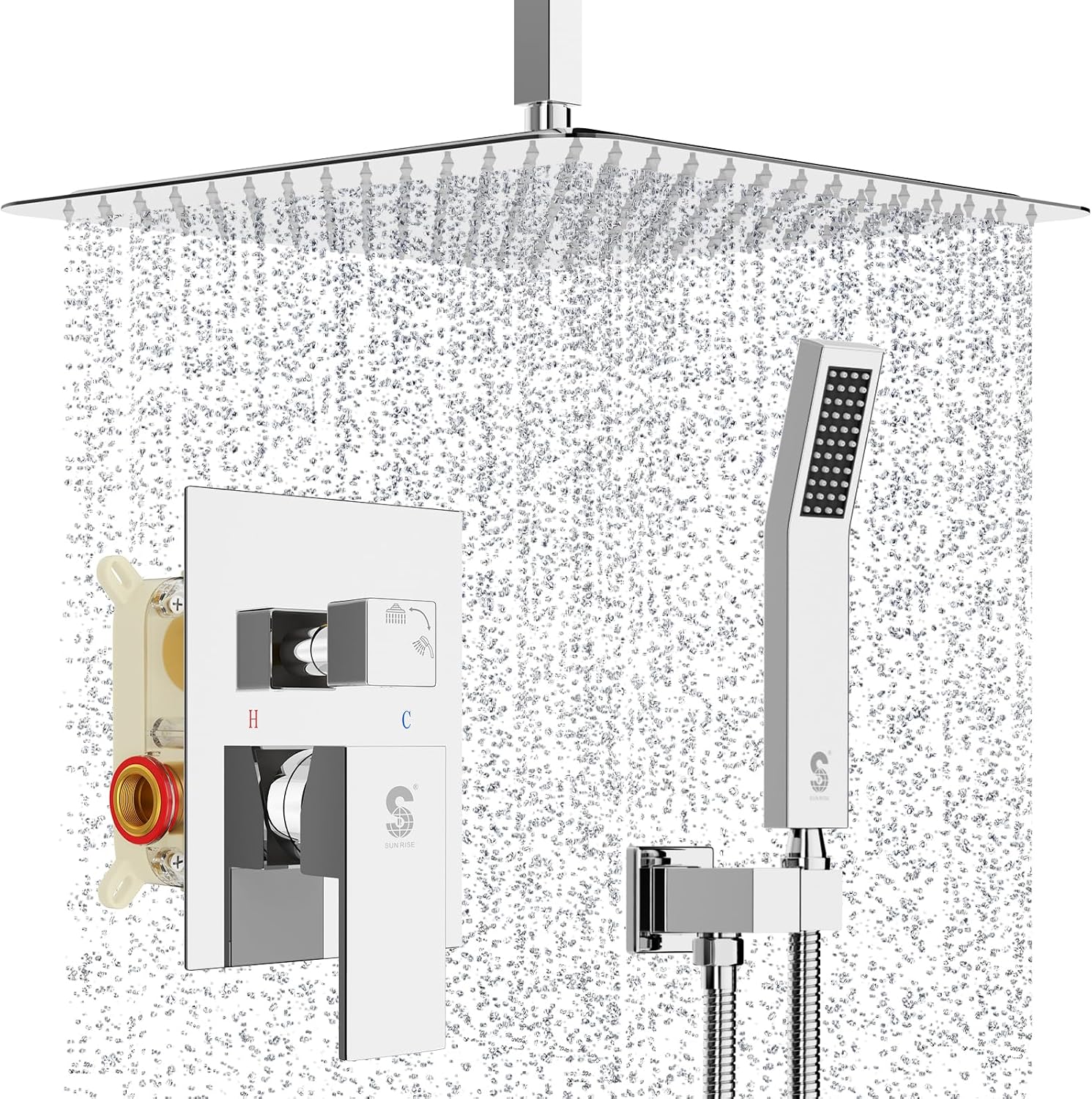 SR SUN RISE 16 Inches Polished Chrome Shower Faucet System Bathroom Luxury Rain Mixer Shower Faucet Set Ceiling Mounted Rainfall Shower Head Set (Contain Shower Faucet Rough-In Valve Body and Trim)