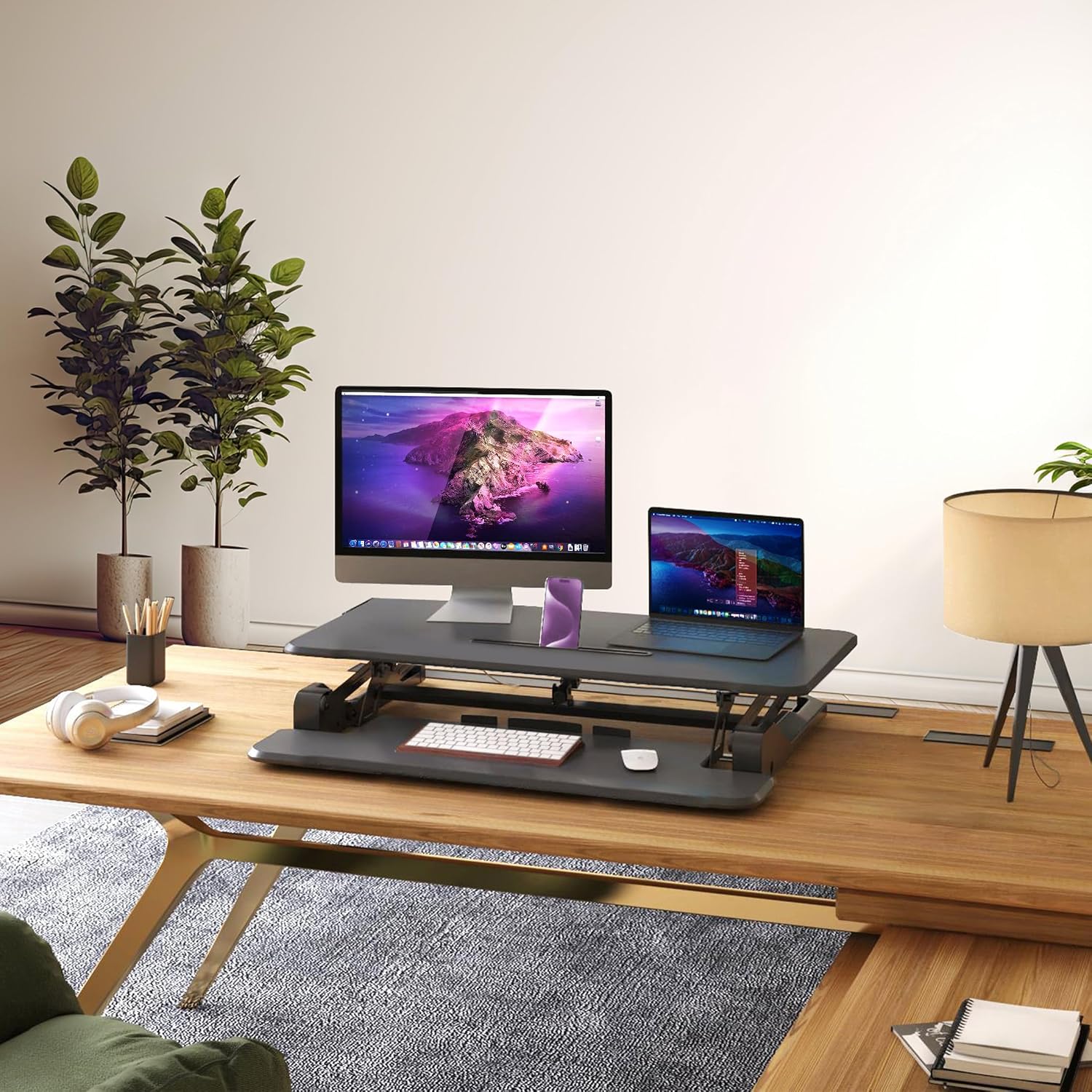 Mount-It! Electric Standing Desk Converter 35.4' Quick Sit Stand Desk Riser, Computer Workstation Motorized Easy Convertor with Built-in USB Charging Port, Ergonomic Height Adjustable in Black