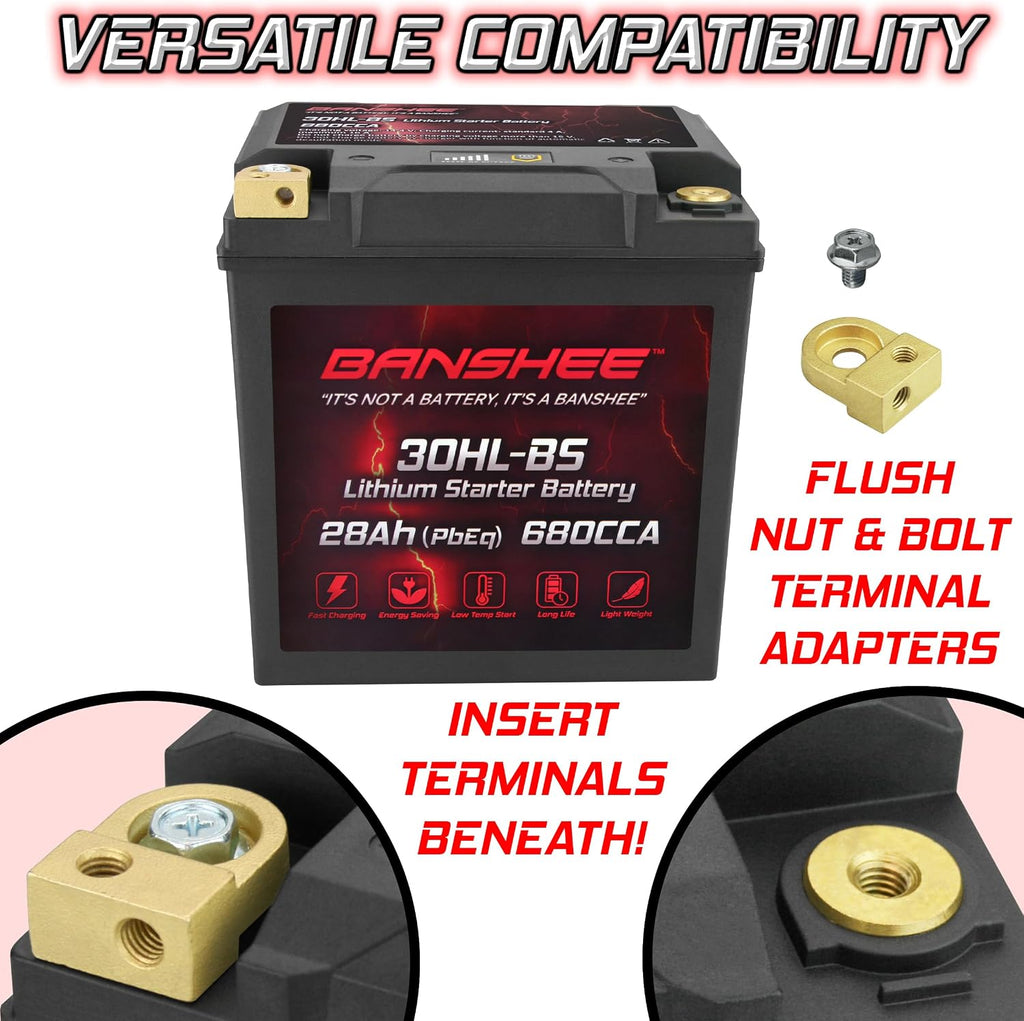 Banshee Lithium YTX30L-BS, 680CCA Lithium LiFePO4 YTX30L Motorcycle Battery, 12V 28AH ATV, UTV, Jet Ski, Scooter, Lawn Mower, Tractor, Generator Battery, Built-in Smart BMS