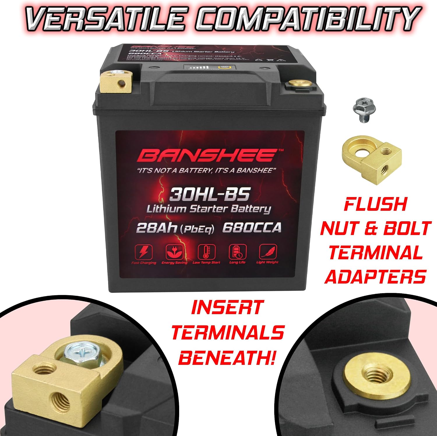 Banshee Lithium YTX30L-BS, 680CCA Lithium LiFePO4 YTX30L Motorcycle Battery, 12V 28AH ATV, UTV, Jet Ski, Scooter, Lawn Mower, Tractor, Generator Battery, Built-in Smart BMS