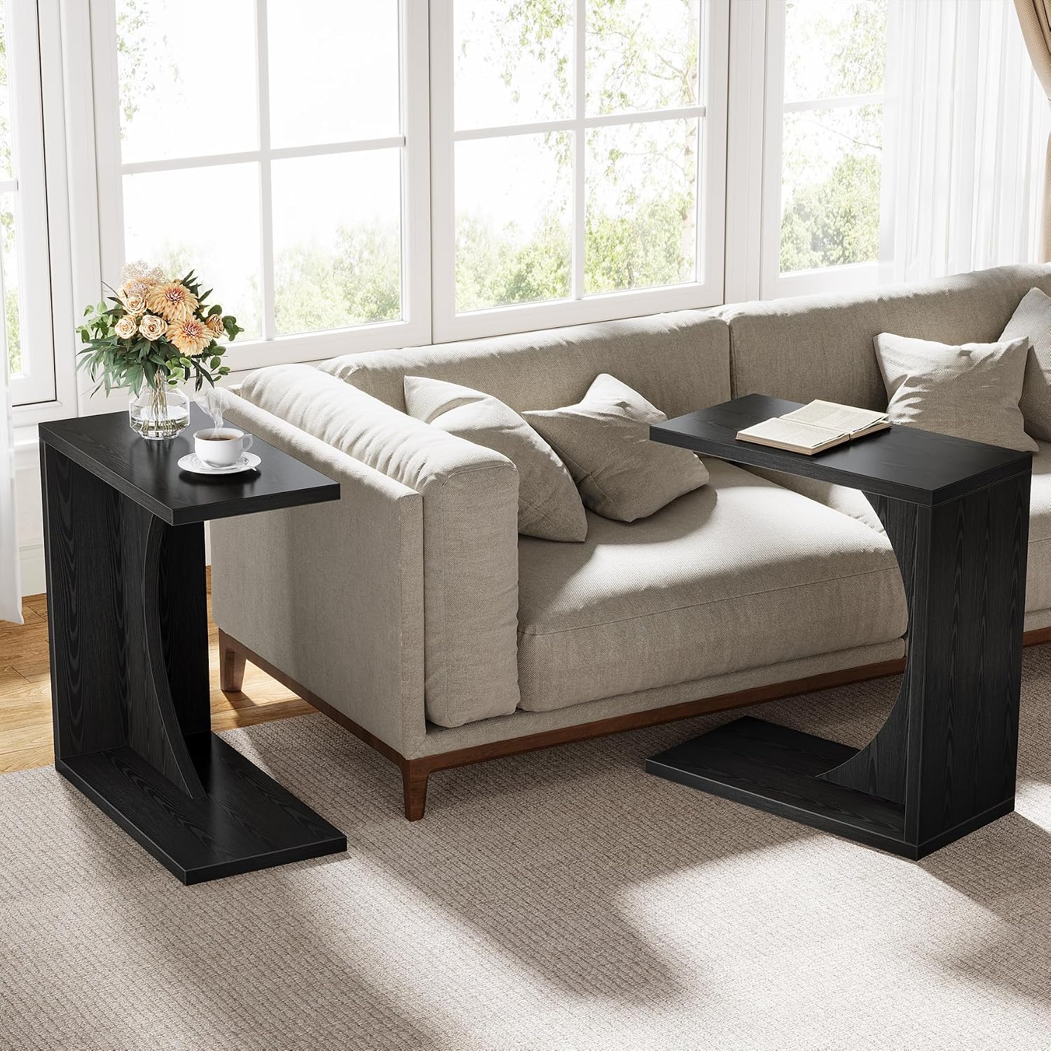 Tribesigns Set of 2 C-Shaped End Table for Couch, Small Bedside Table for Sofa, Wooden Nightstand for Living Room Bedroom Laptop Work Desk (2, Black)