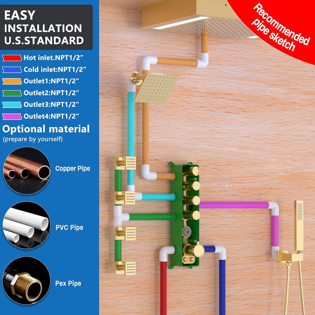 Luxury Thermostatic Digital Dual Heads Shower System Brushed Gold Full Bdoy Spray Shower Faucet Set with 20x14in LED Rainfall Showerhead and 6in Wall Shower, 4 Body Jets with Shut-off, Brass Handheld