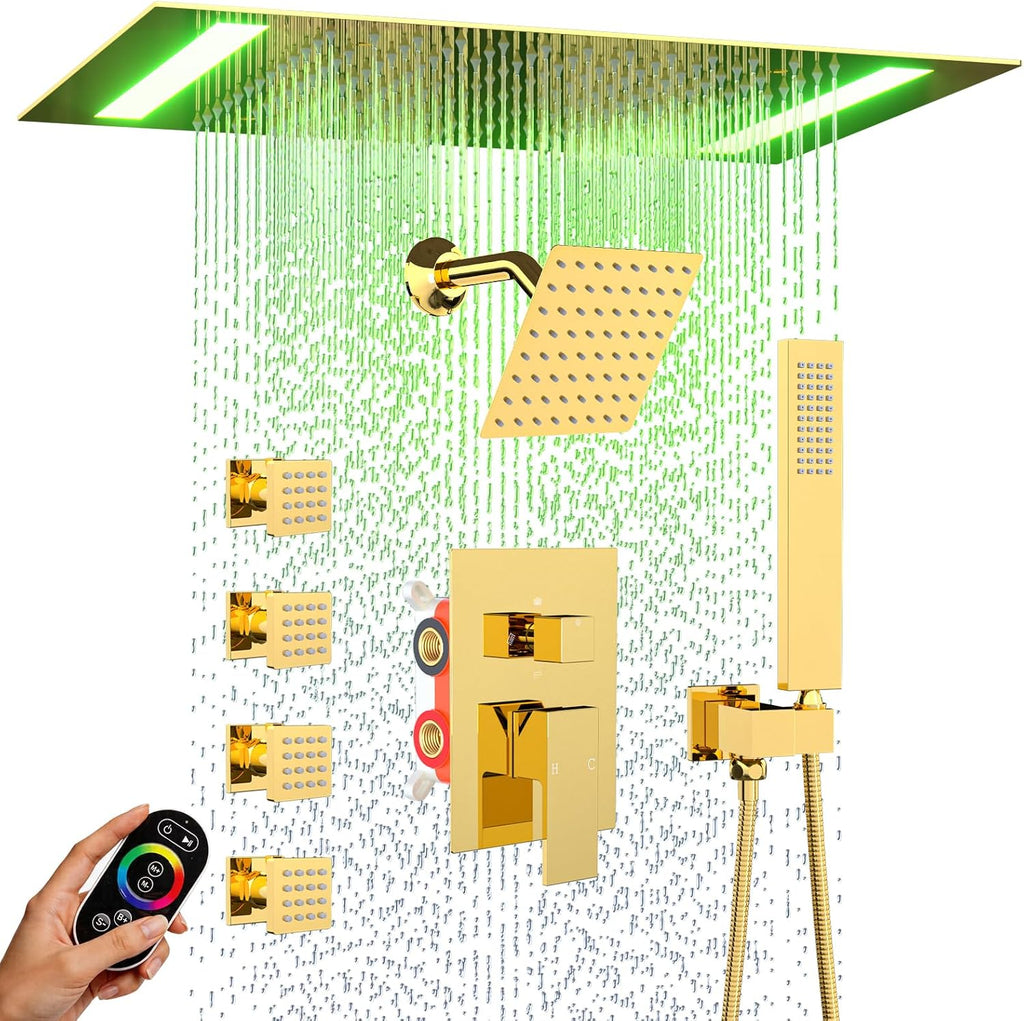 ENGA Bright Gold Dual Rain LED Shower System, 14'x20' Shower Head + 6' Wall Shower, 4 Body Jets with Individual On/Off & Adjustable Water Pressure, Rainfall Shower Faucet Set