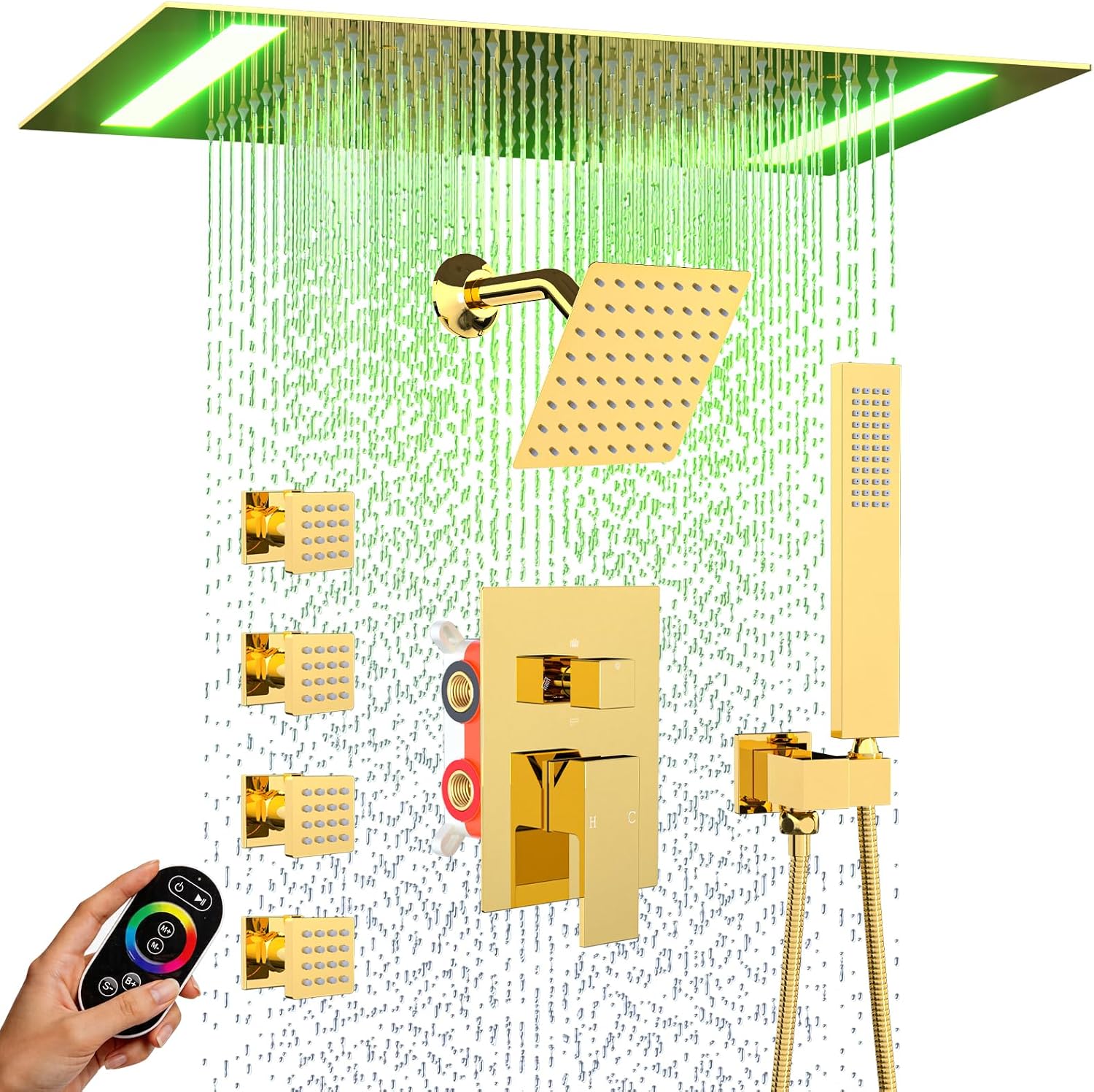 ENGA Bright Gold Dual Rain LED Shower System, 14'x20' Shower Head + 6' Wall Shower, 4 Body Jets with Individual On/Off & Adjustable Water Pressure, Rainfall Shower Faucet Set