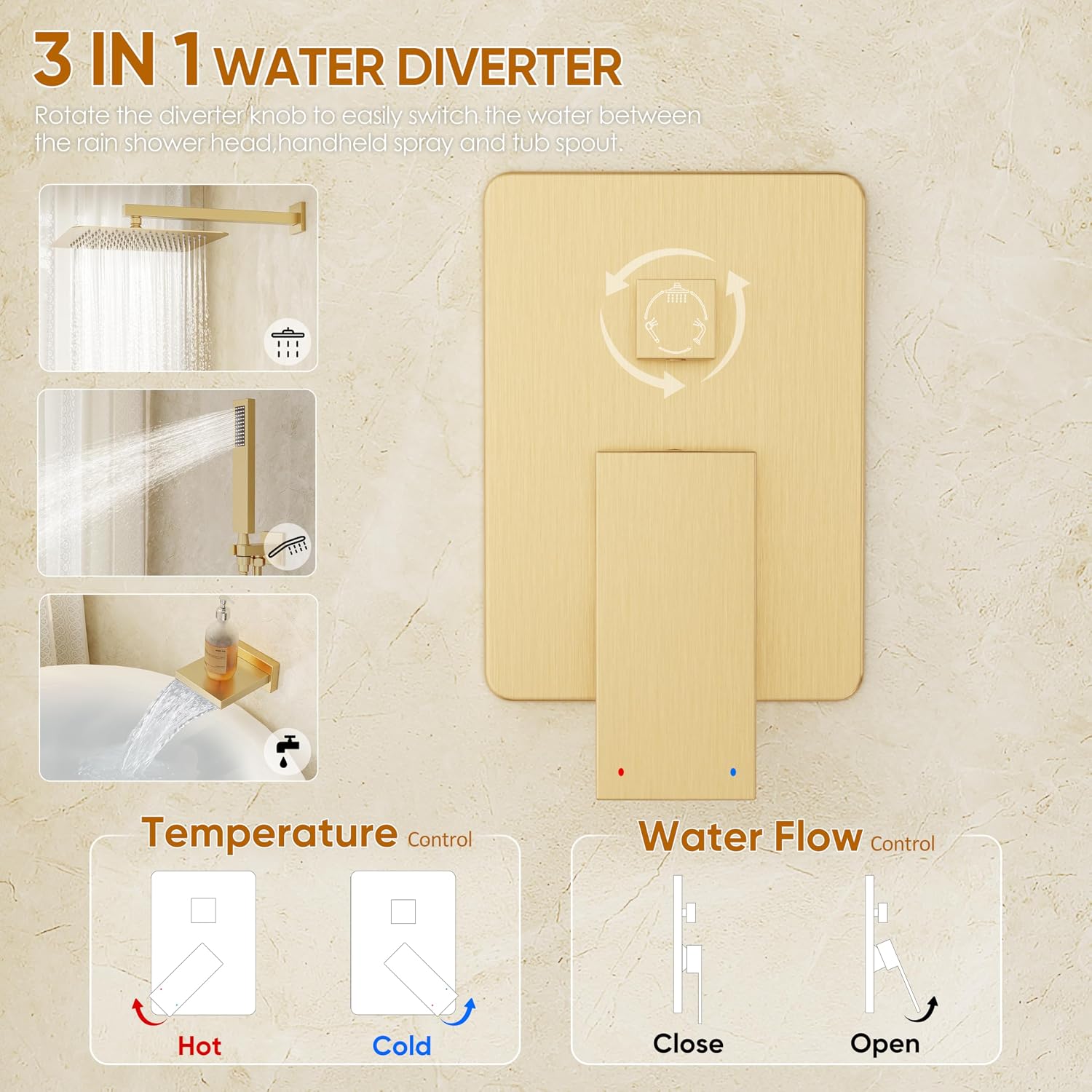 Gold Tub Shower System, All Metal Tub Shower Faucet Set with 12' Rain Shower Head and Handheld Spray combo, Wall Mounted Shower Systems with Tub Spout, Valve and Trim Kit, Brushed Gold