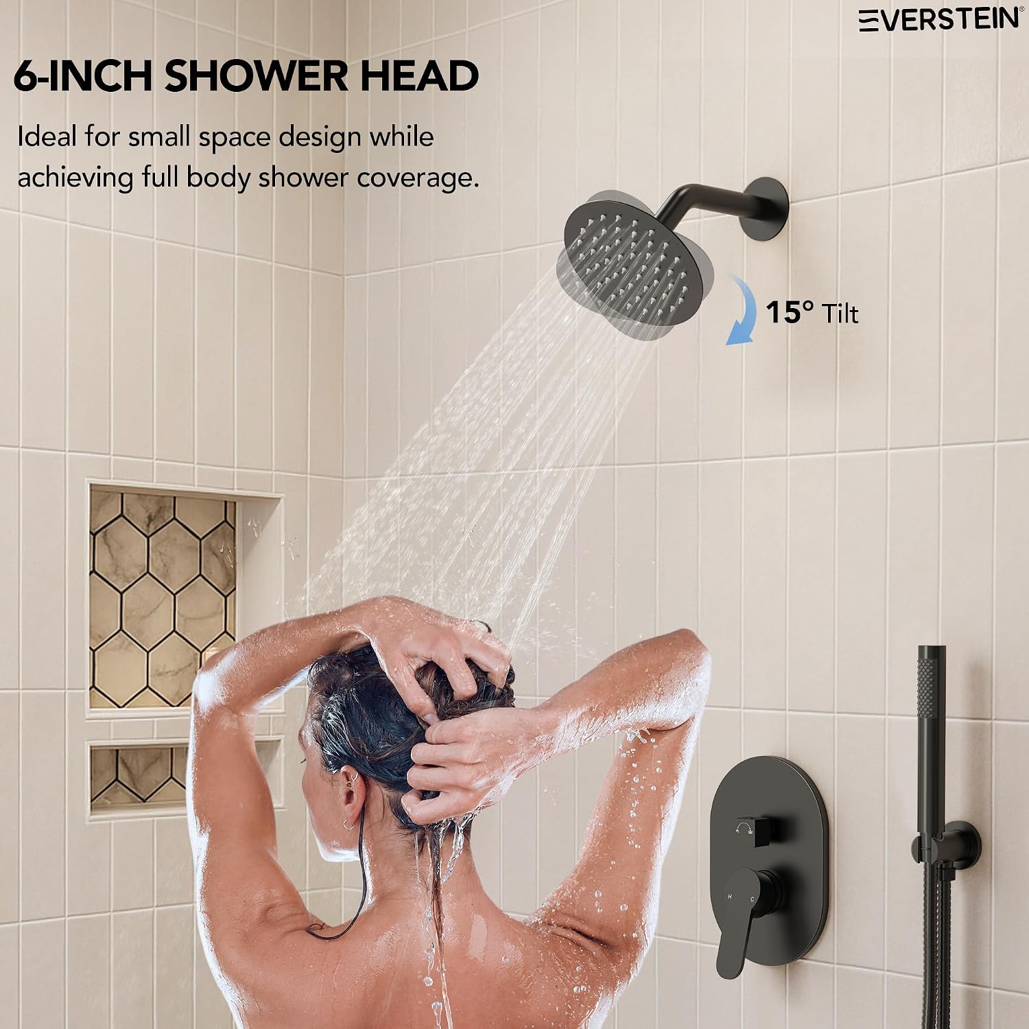 6' High-Pressure Shower System with Handheld Spray, Wall Mount Round Bathroom Shower Faucet Set with Valve (Matte Black)