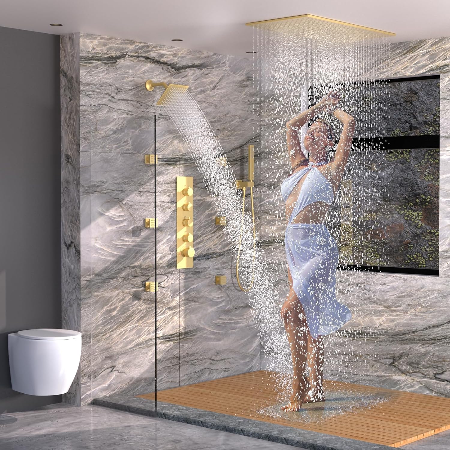 HOMEDEC 15.7x31.5' Rainfall and 6' Dual Shower Heads with Handheld Spray Combo, Full Body Shower System with 6pcs Body Jets, Brushed Gold