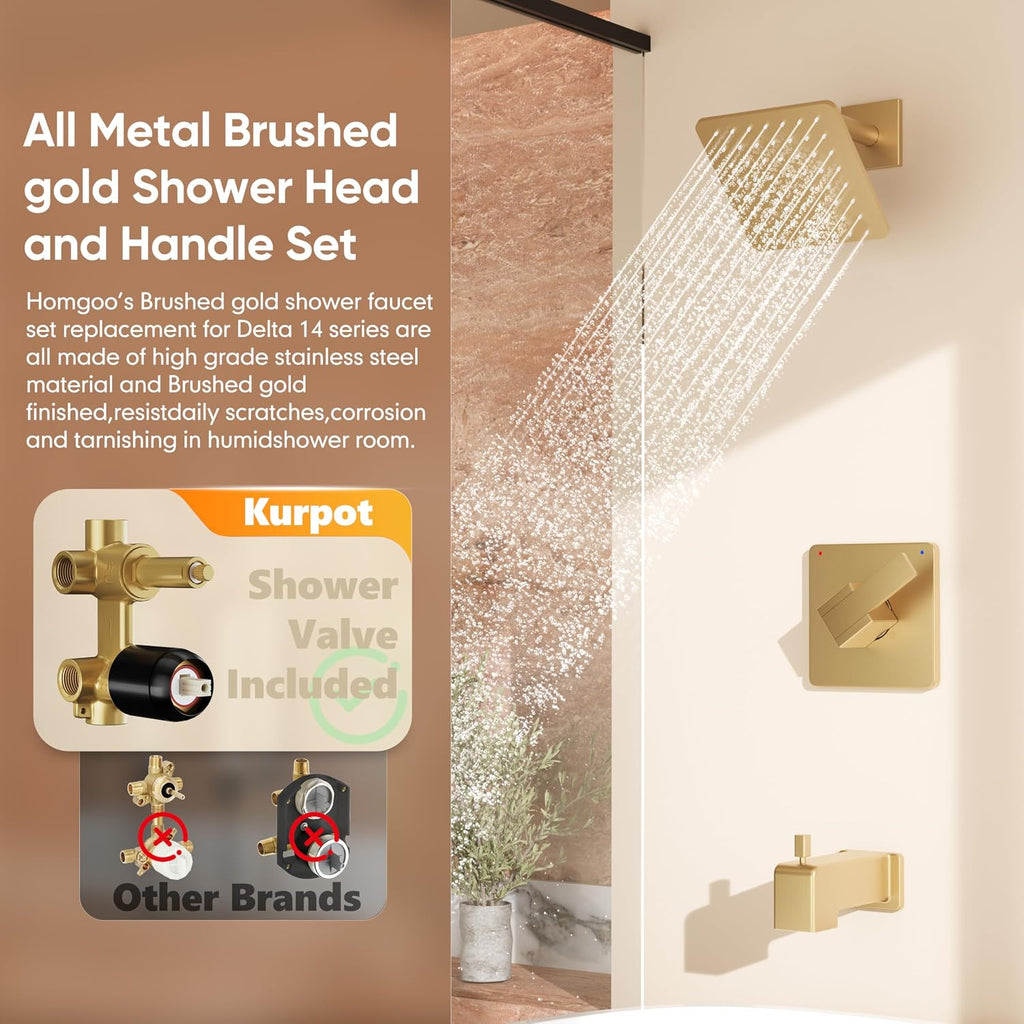 Replacement for Delta Shower Trim Kit 14 Series, All Metal Tub Shower Faucet Set, 6-Inch Gold Shower Head and Handle Set(Valve/Cartridge Not Included)