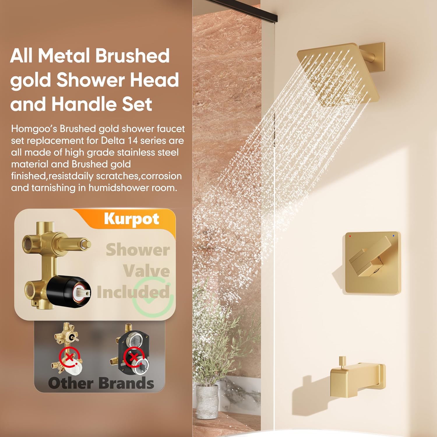 Replacement for Delta Shower Trim Kit 14 Series, All Metal Tub Shower Faucet Set, 6-Inch Gold Shower Head and Handle Set(Valve/Cartridge Not Included)