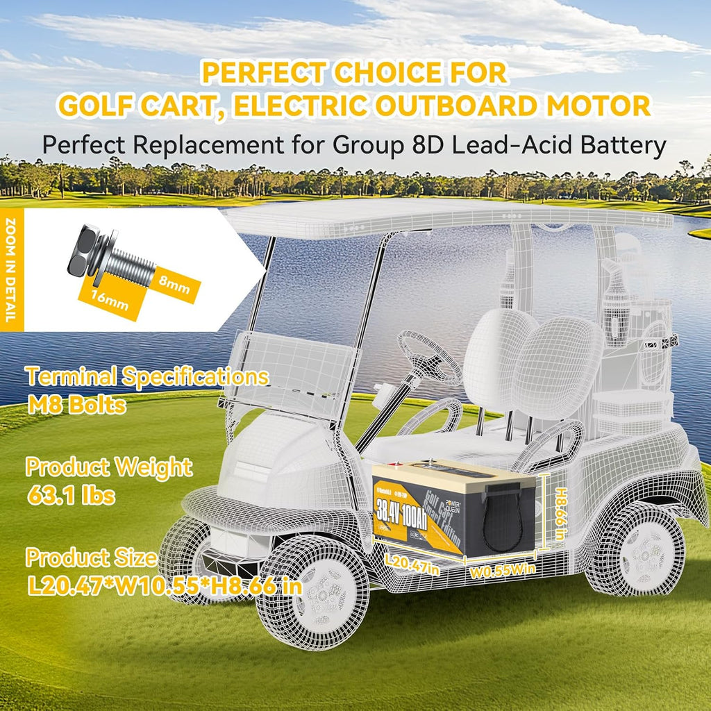 power queen 36V 100Ah Lithium Battery, LiFePO4 Battery Bluetooth 15000+ Cycles, Group 8D,Low Temp Protection for 36V-72V Electric Outboard Motors, Marine, Golf Cart E-Z-GO TXT, Off-Grid