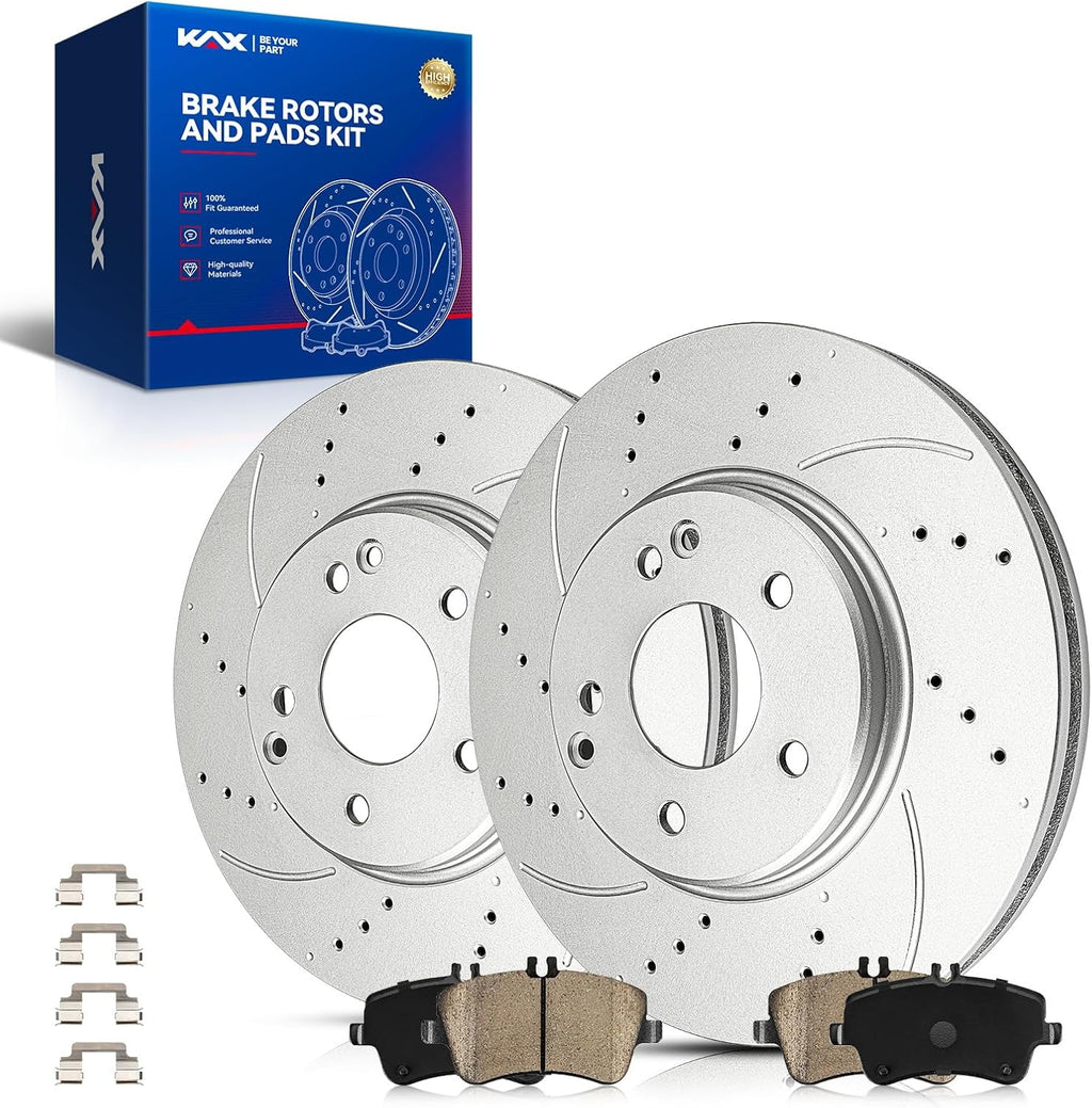 KAX Front Brake Kit, Drilled and Slotted Brake Rotors 34101, Ceramic Brake Pads D872 Fits CLK350 2006-2009, CLK320/C320 2001-2005, C280 2006-2007, C240 2003-2005, SLK280 2006-2008, SLK300 2009-2011