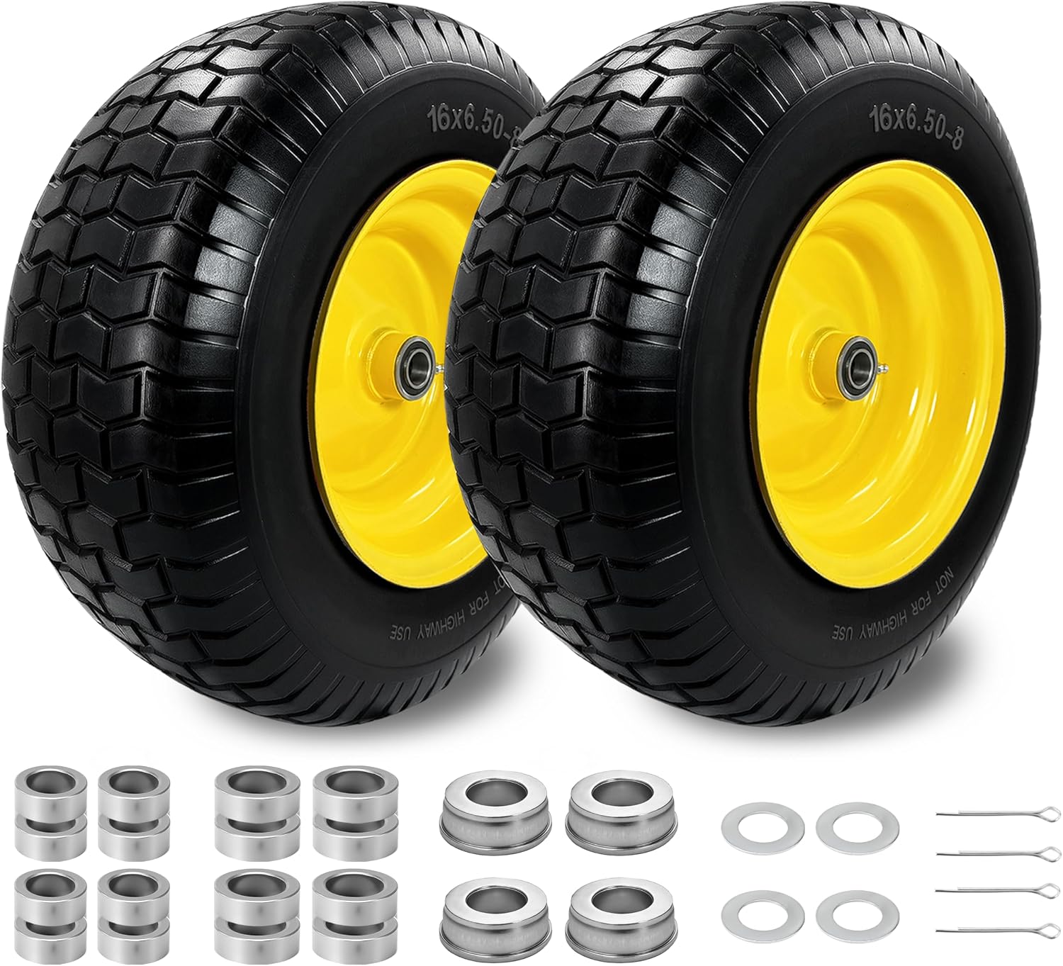 2Pcs 16×6.50-8 Tire and Wheel with 1 Inch Axle, Flat Free 16x6.5-8 Lawn Mower Tire, with 3/4' Bearing & 1' Bushing, 3-5' Offset Hub, for Lawn&Garden Riding Tractors Front Assembly Replacement, 550lbs
