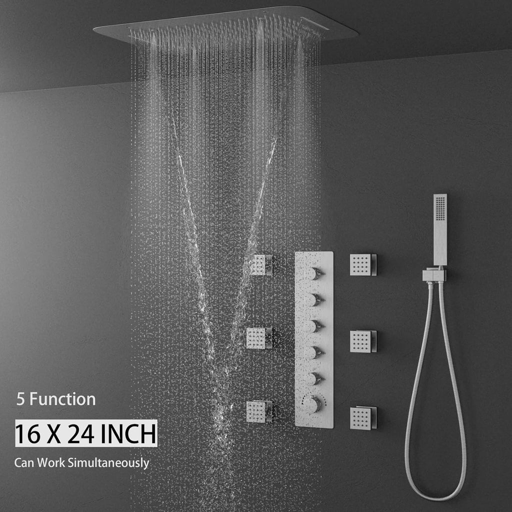 Brushed Nickel Shower Faucet System 16 X 24' 3 Functions Waterfall Mist Rainfall Ceiling Shower Head Thermostatic Full Body Shower Faucet Set Complete With Handheld And Shower Body Jet Spray