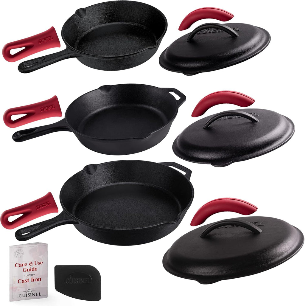 Cuisinel 12' + 10' + 8'-Inch Cast Iron Skillets Set with Braiser Lids + Silicone Handle Grips + Pan Scraper - Indoor/Outdoor Pre-Seasoned Kitchen Cookware - Oven, Fire, Stove Safe