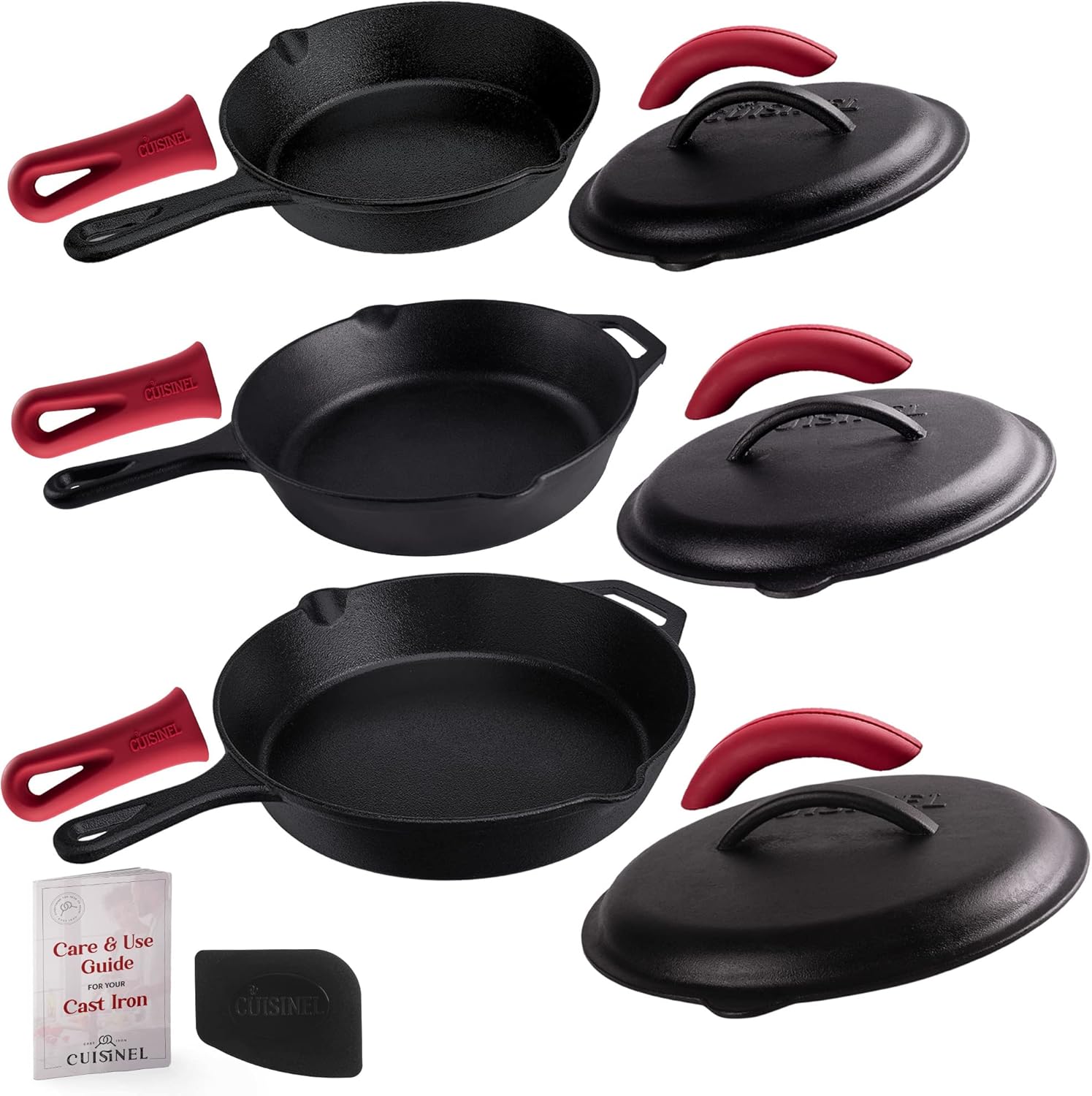 Cuisinel 12' + 10' + 8'-Inch Cast Iron Skillets Set with Braiser Lids + Silicone Handle Grips + Pan Scraper - Indoor/Outdoor Pre-Seasoned Kitchen Cookware - Oven, Fire, Stove Safe